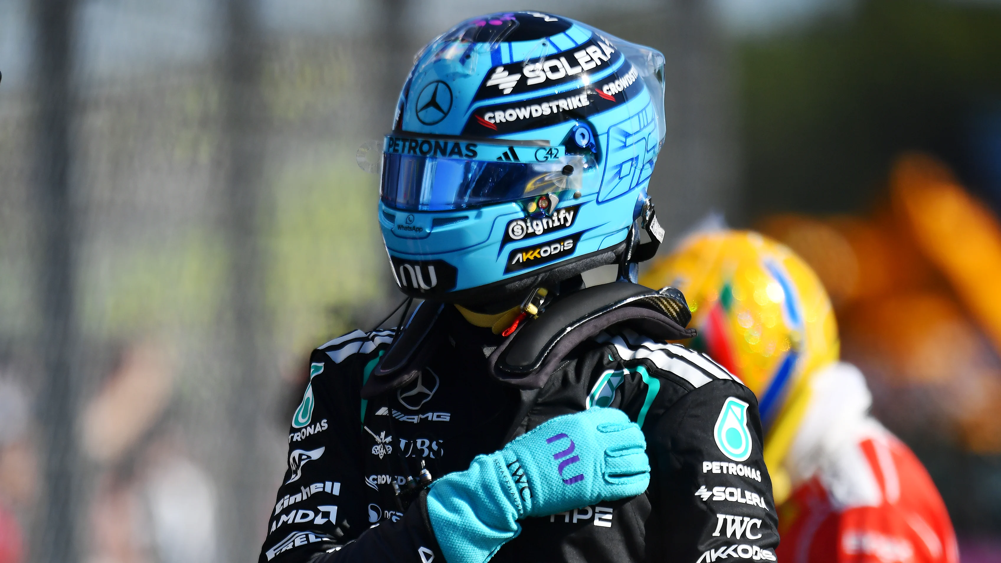 NORTHAMPTON, ENGLAND - JULY 03: George Russell of Great Britain and Mercedes AMG Petronas F1 Team