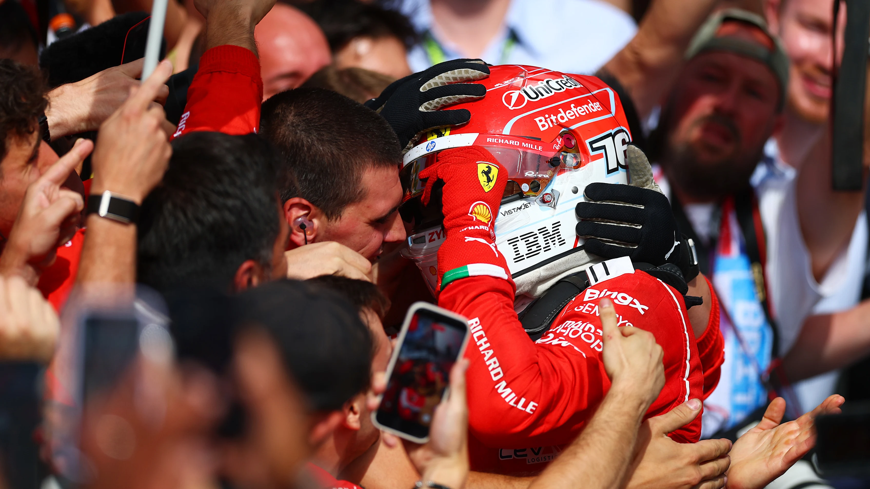 NORTHAMPTON, ENGLAND - JULY 05: Race winner Charles Leclerc of Monaco and Scuderia Ferrari