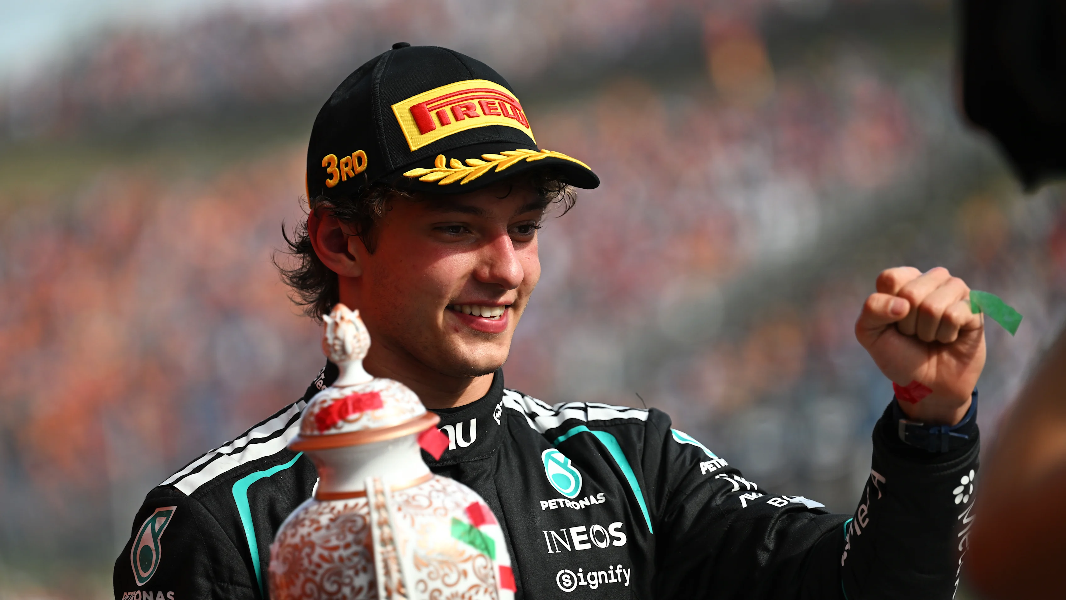 BUDAPEST, HUNGARY - JULY 26: Third placed Andrea Kimi Antonelli of Italy and Mercedes AMG Petronas