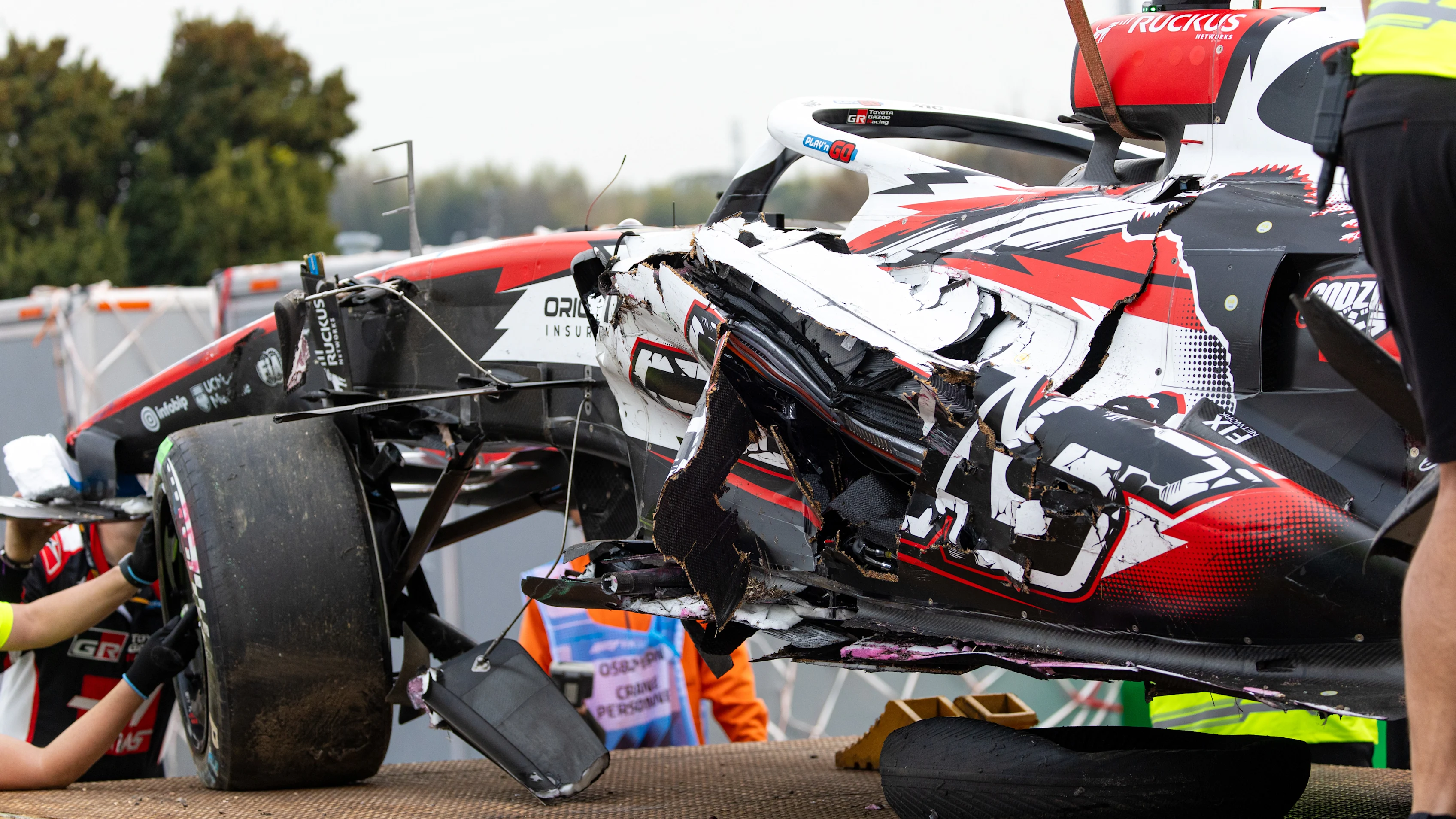 SUZUKA, JAPAN - MARCH 29: The damage to the Haas VF-26 of Oliver Bearman of Great Britain and Haas