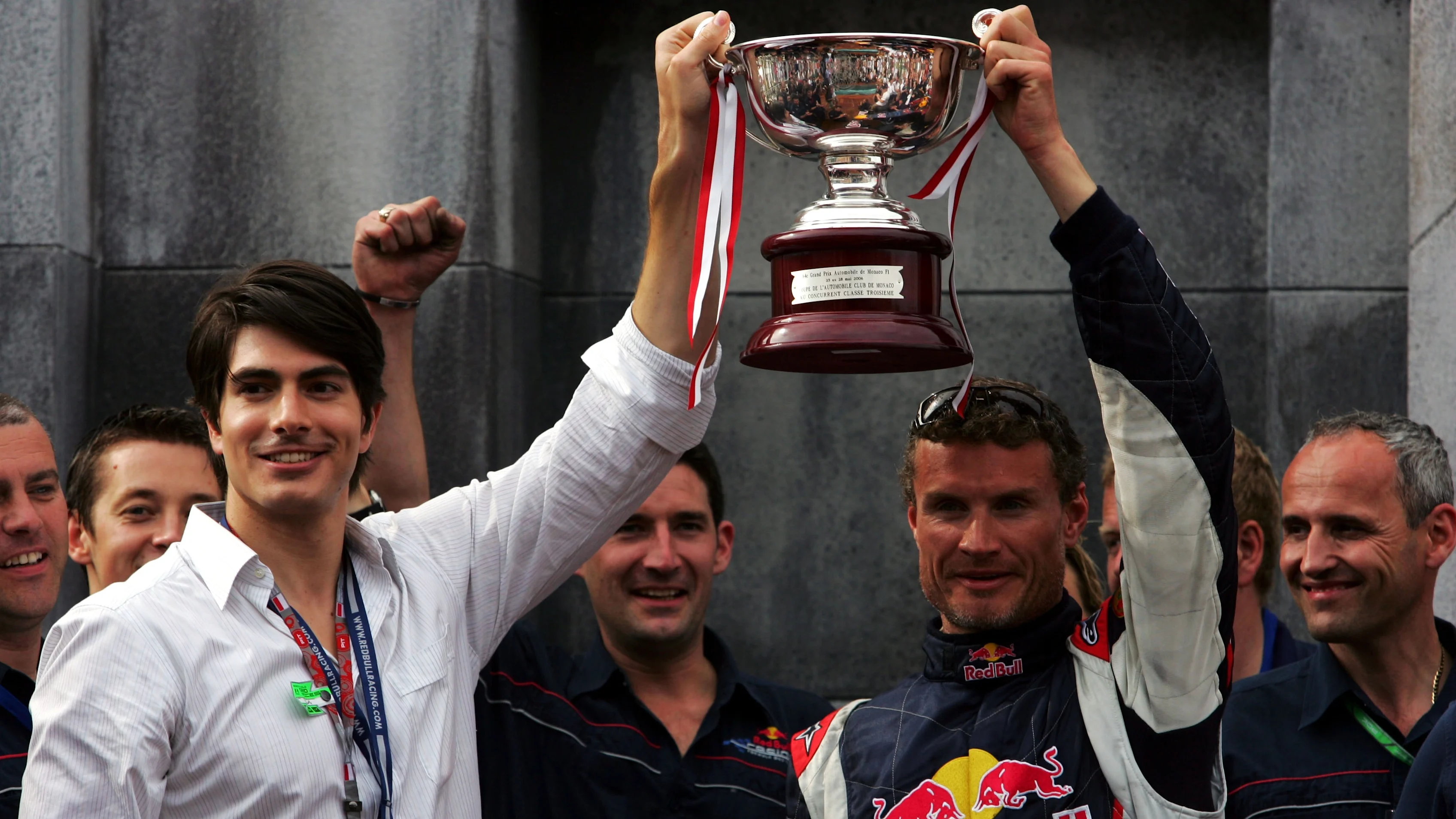 (L to R): Brandon Routh (USA) actor and David Coulthard (GBR) Red Bull Racing celebrate the first