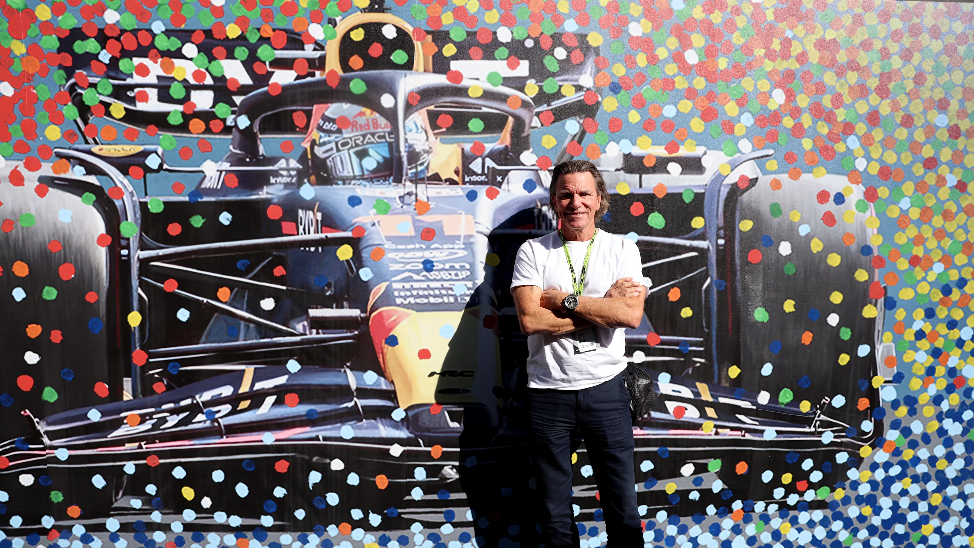 MEXICO CITY, MEXICO - OCTOBER 23: Stefan Johansson poses for a photo with his artwork in the