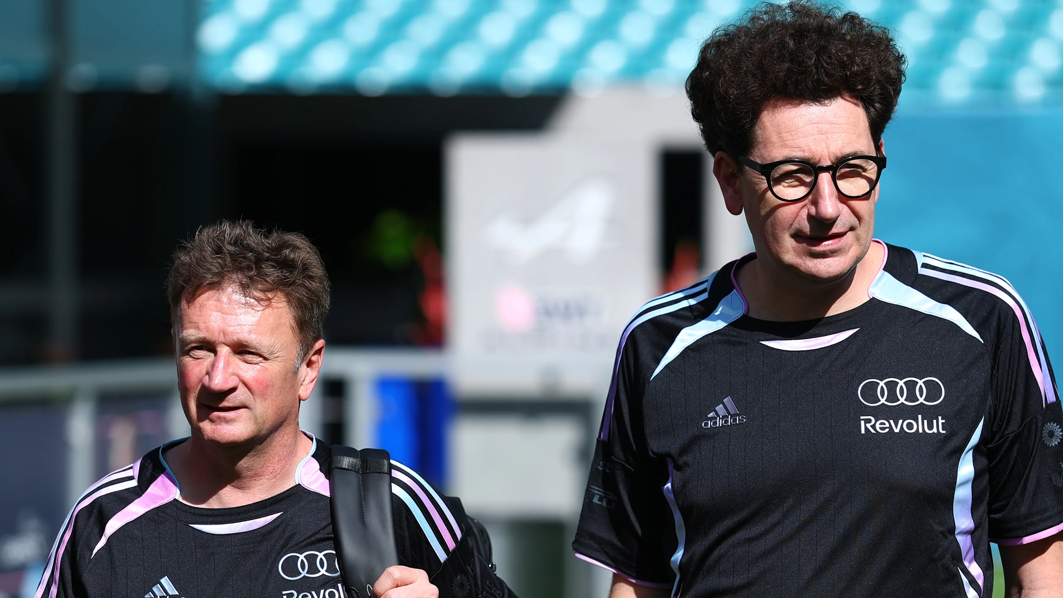 MIAMI, FLORIDA - MAY 01: Allan McNish, Racing Director of Audi F1 Team and Mattia Binotto, CEO and