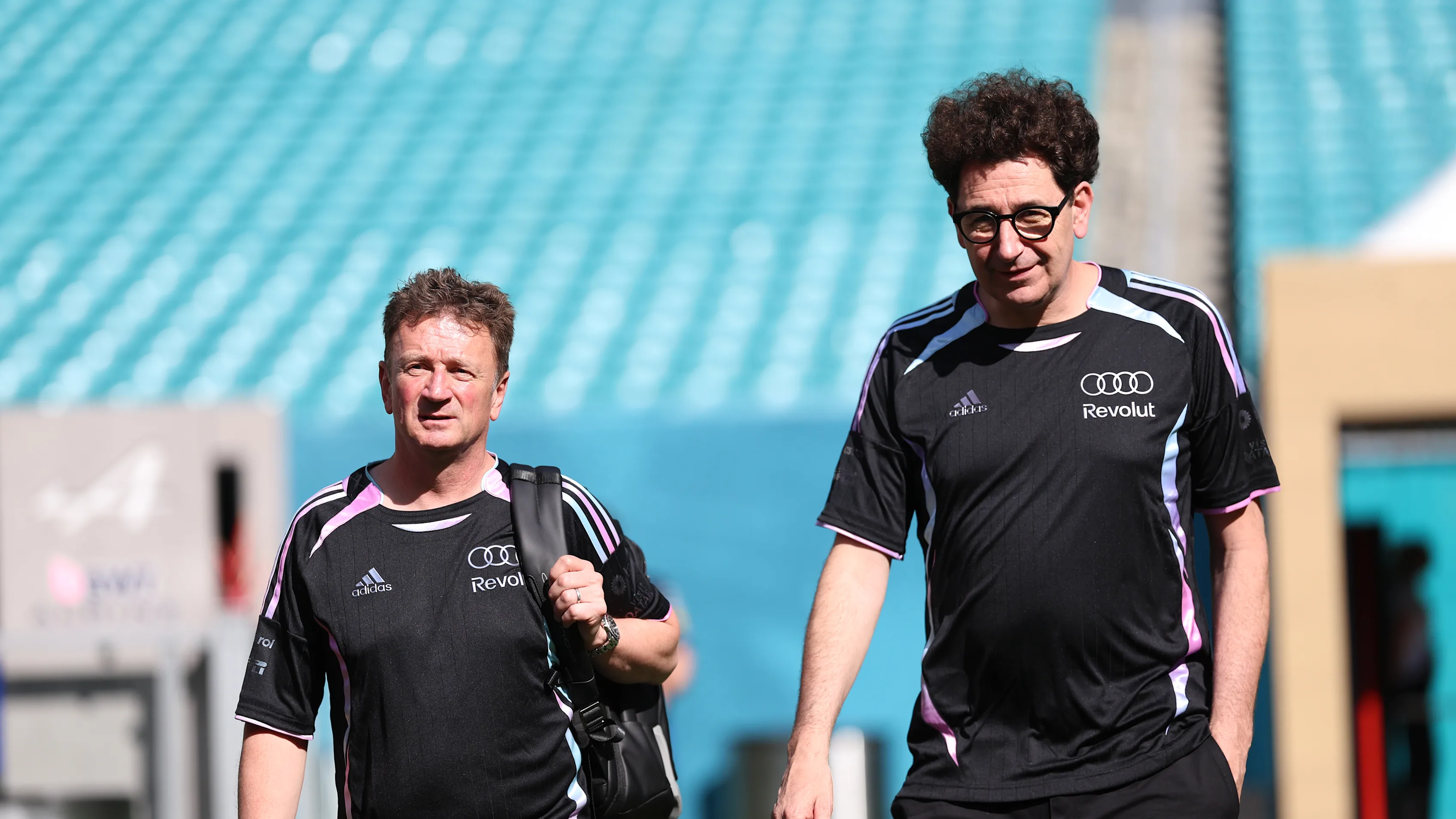 MIAMI, FLORIDA - MAY 01: Allan McNish, Racing Director of Audi F1 Team and Mattia Binotto, CEO and