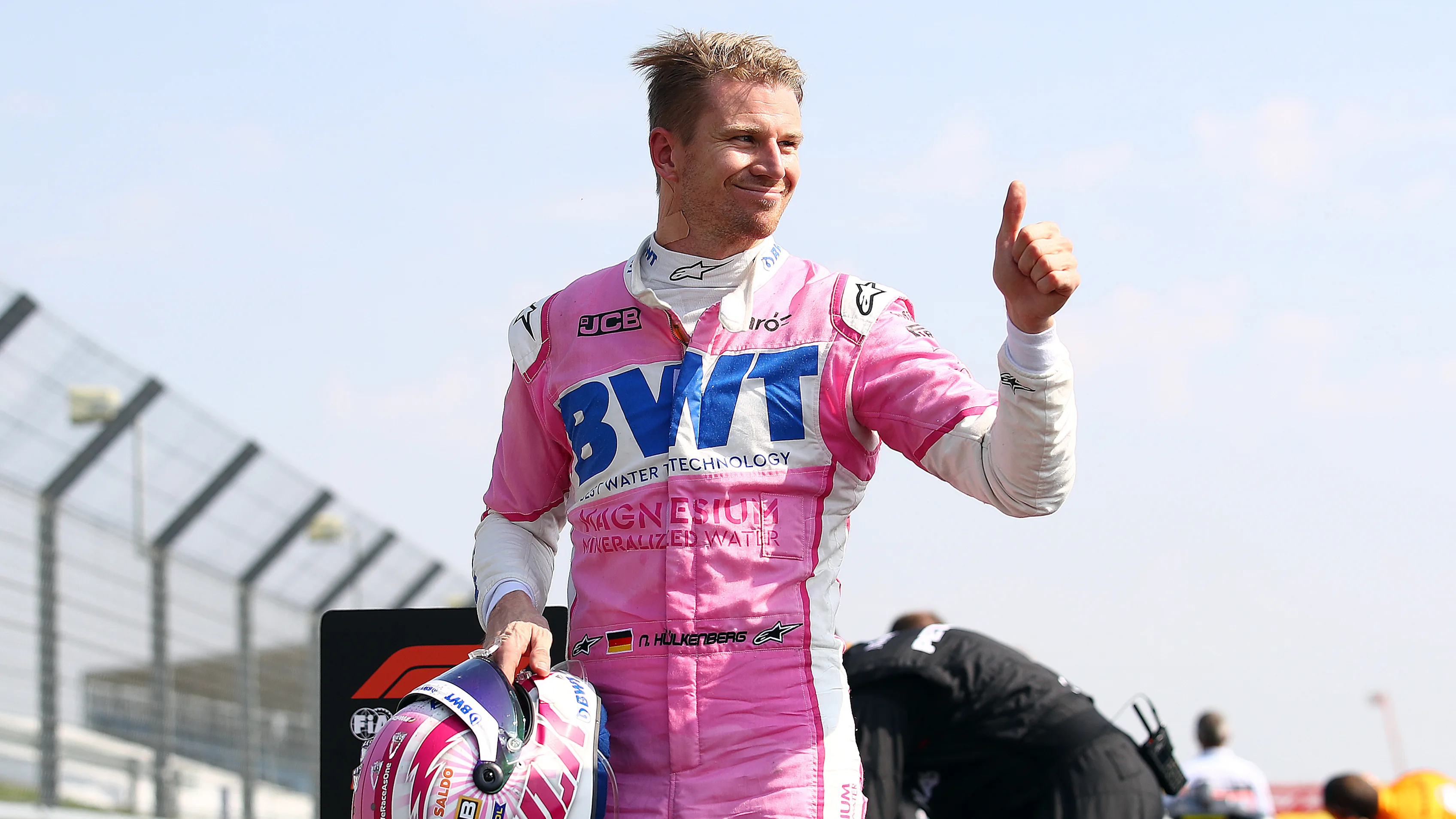NORTHAMPTON, ENGLAND - AUGUST 09: Nico Hulkenberg of Germany and Racing Point reacts in parc ferme