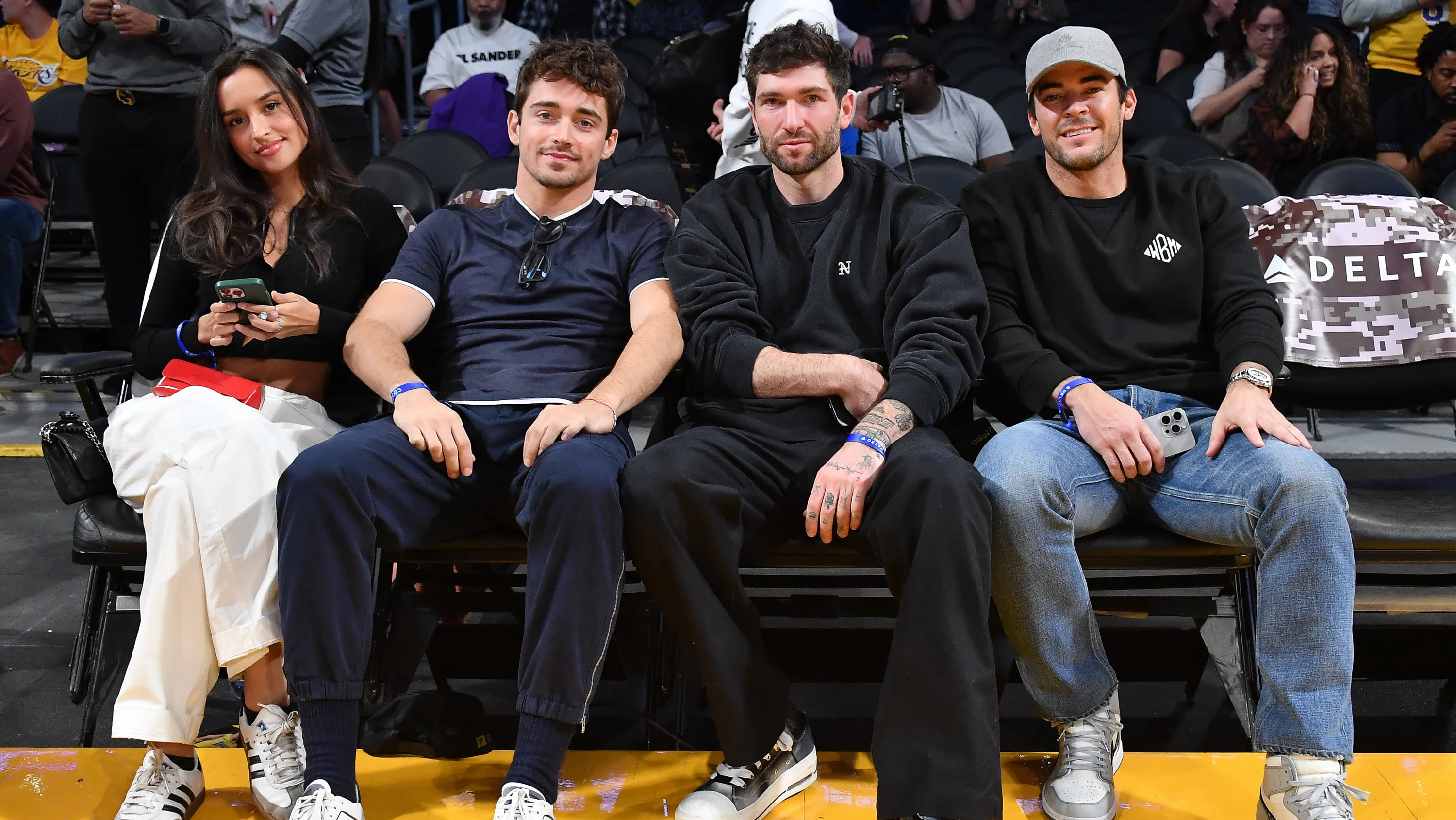 LOS ANGELES, CALIFORNIA - NOVEMBER 12: (L-R) Alexandra Saint Mleux, Charles Leclerc, Doni Nahmias