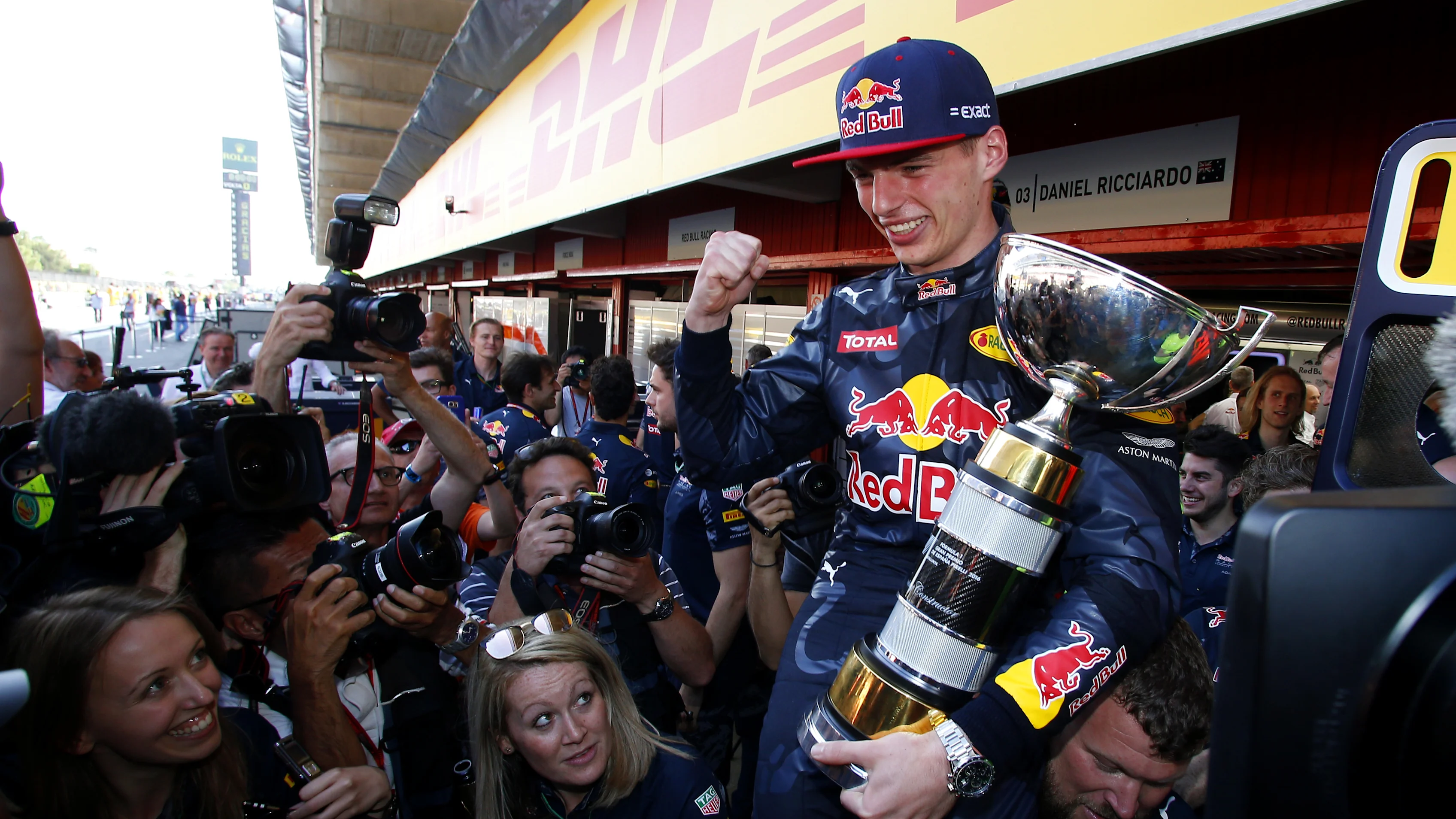 Race winner Max Verstappen (NED) Red Bull Racing celebrates with the trophy at Formula One World