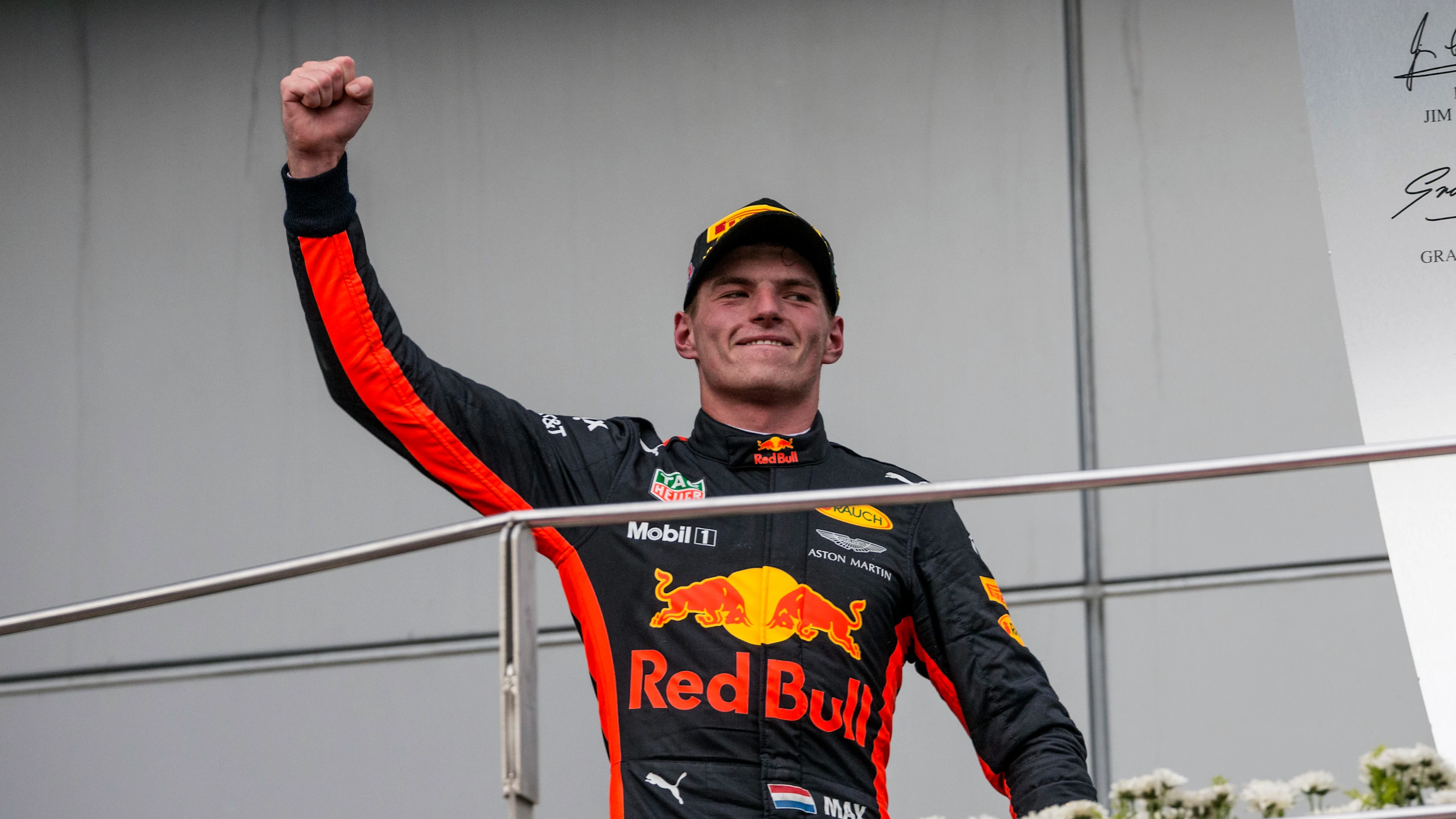Race winner Max Verstappen (NED) Red Bull Racing celebrates on the podium at Formula One World