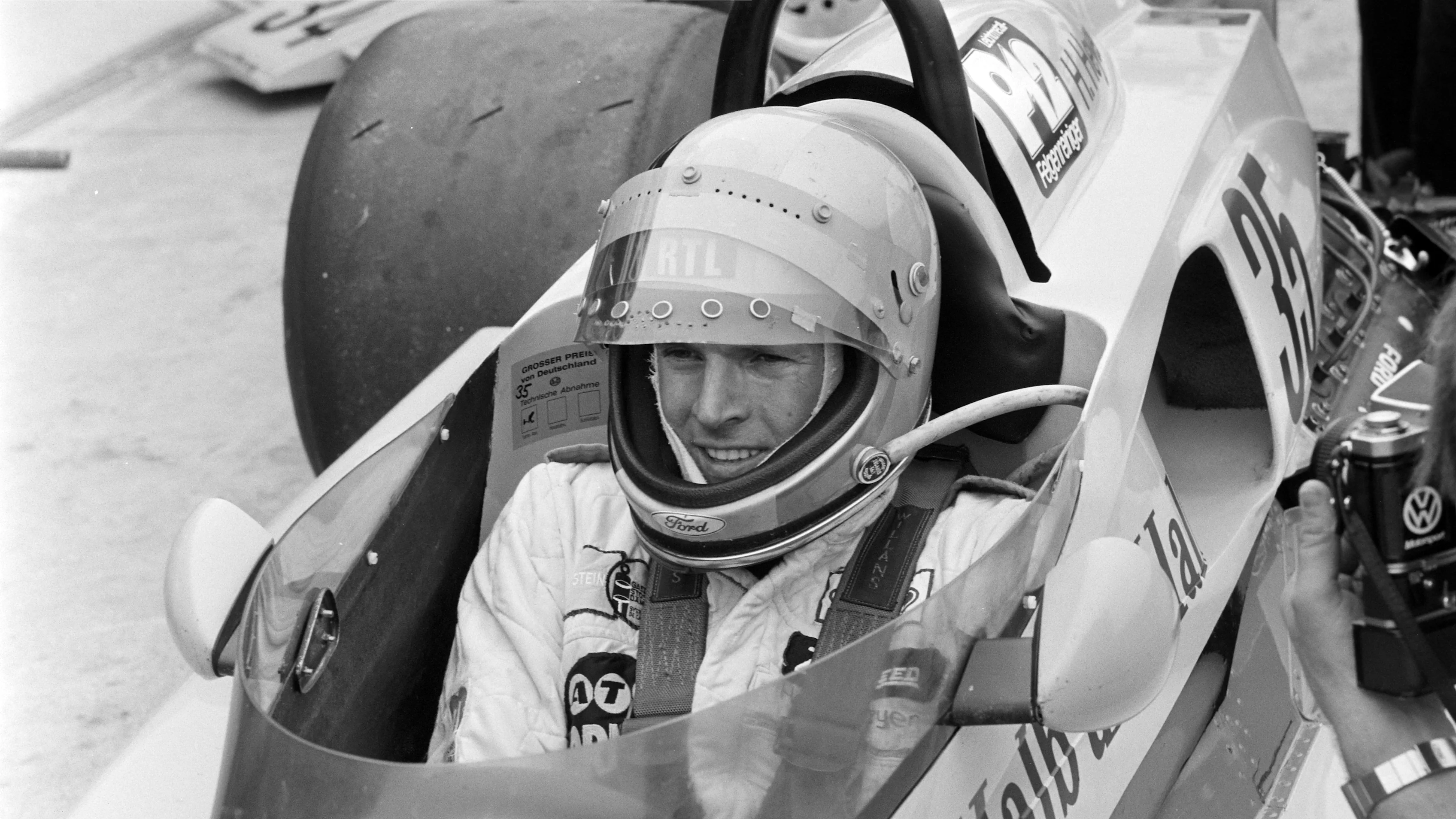 Hans Heyer sits in his Penske PC4 Ford in the pit lane at the German GP, Hockenheimring, Germany,