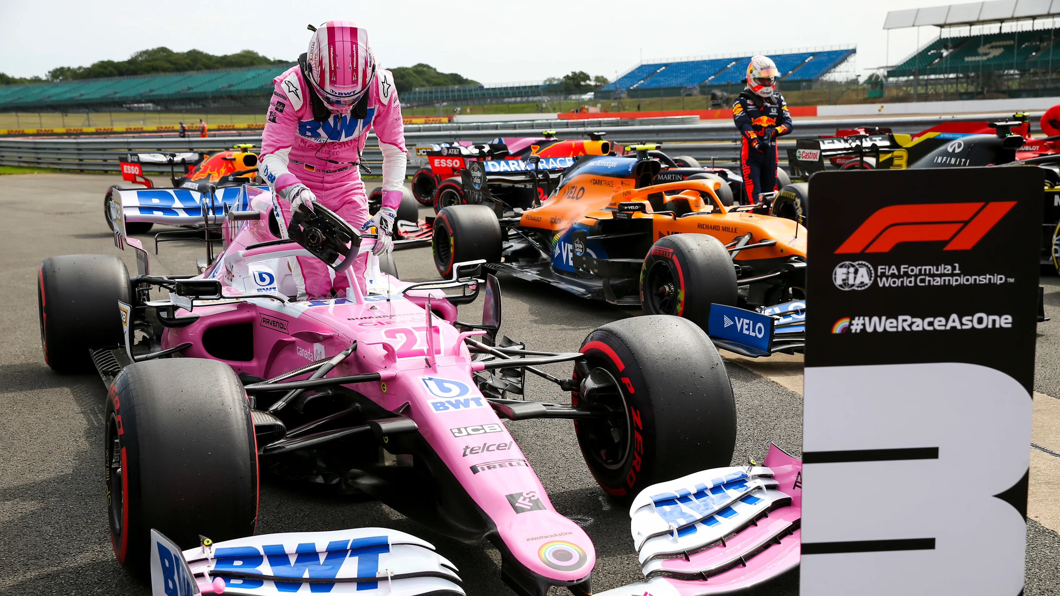 SILVERSTONE, UNITED KINGDOM - AUGUST 08: Nico Hulkenberg, Racing Point RP20, arrives in Parc Ferme