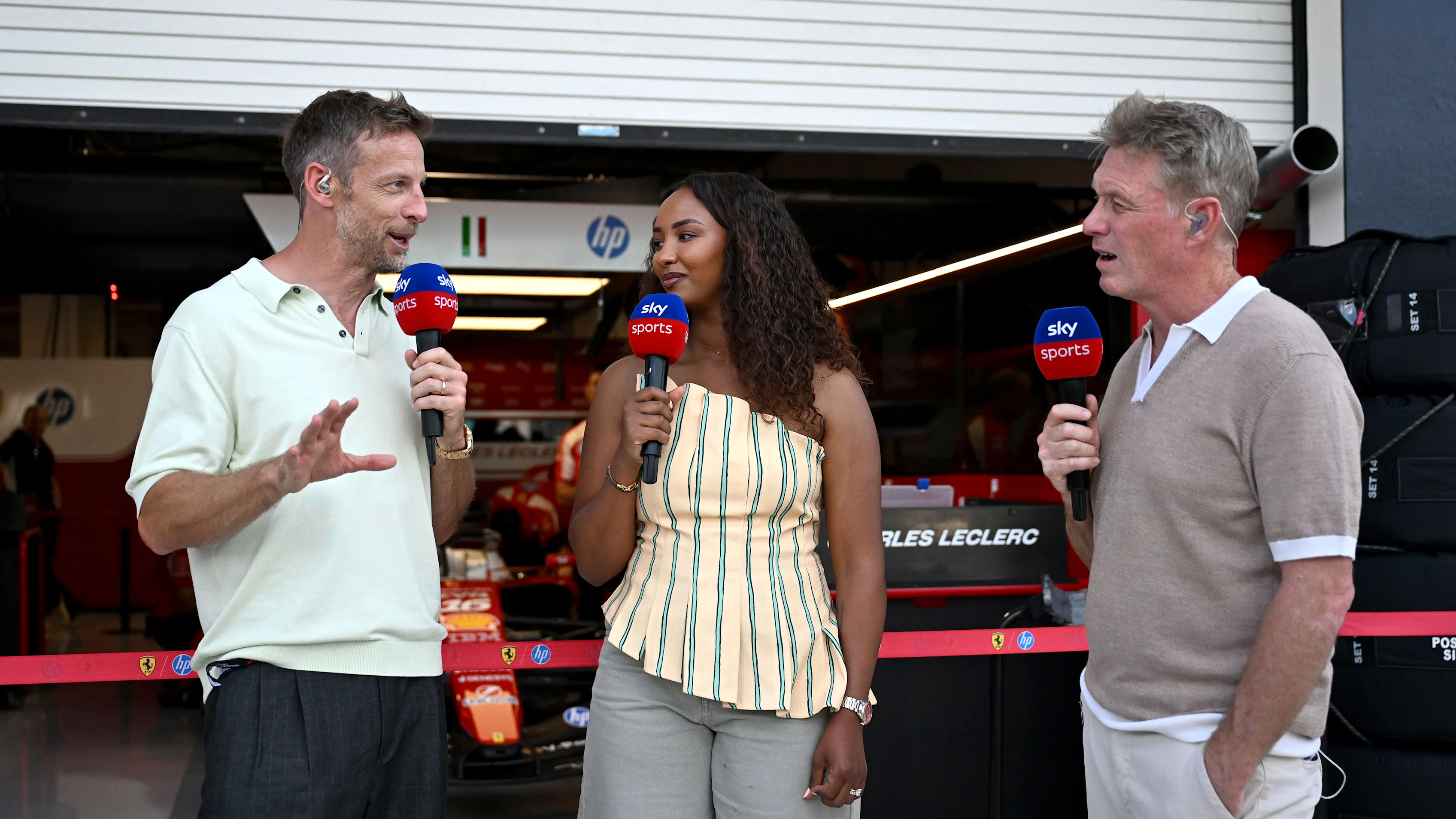 MIAMI, FLORIDA - MAY 02: Jenson Button, Naomi Schiff and Simon Lazenby, Sky Sports F1, in the