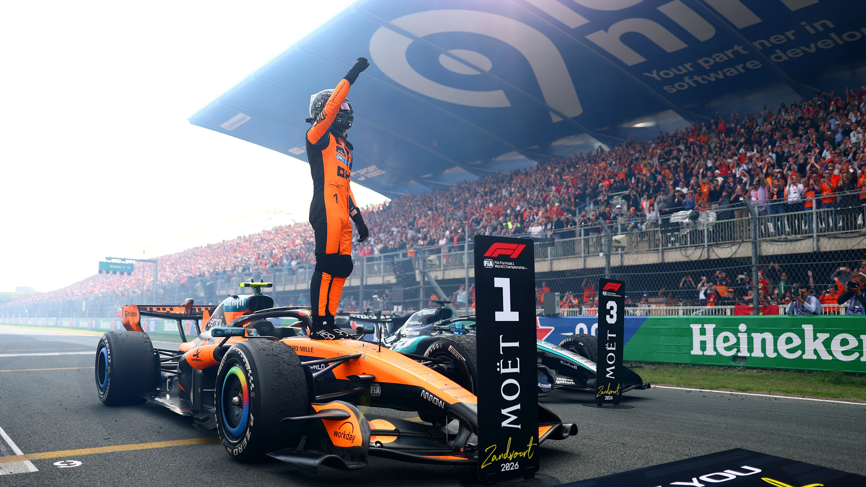 ZANDVOORT, NETHERLANDS - AUGUST 23: Race winner Lando Norris of Great Britain and McLaren