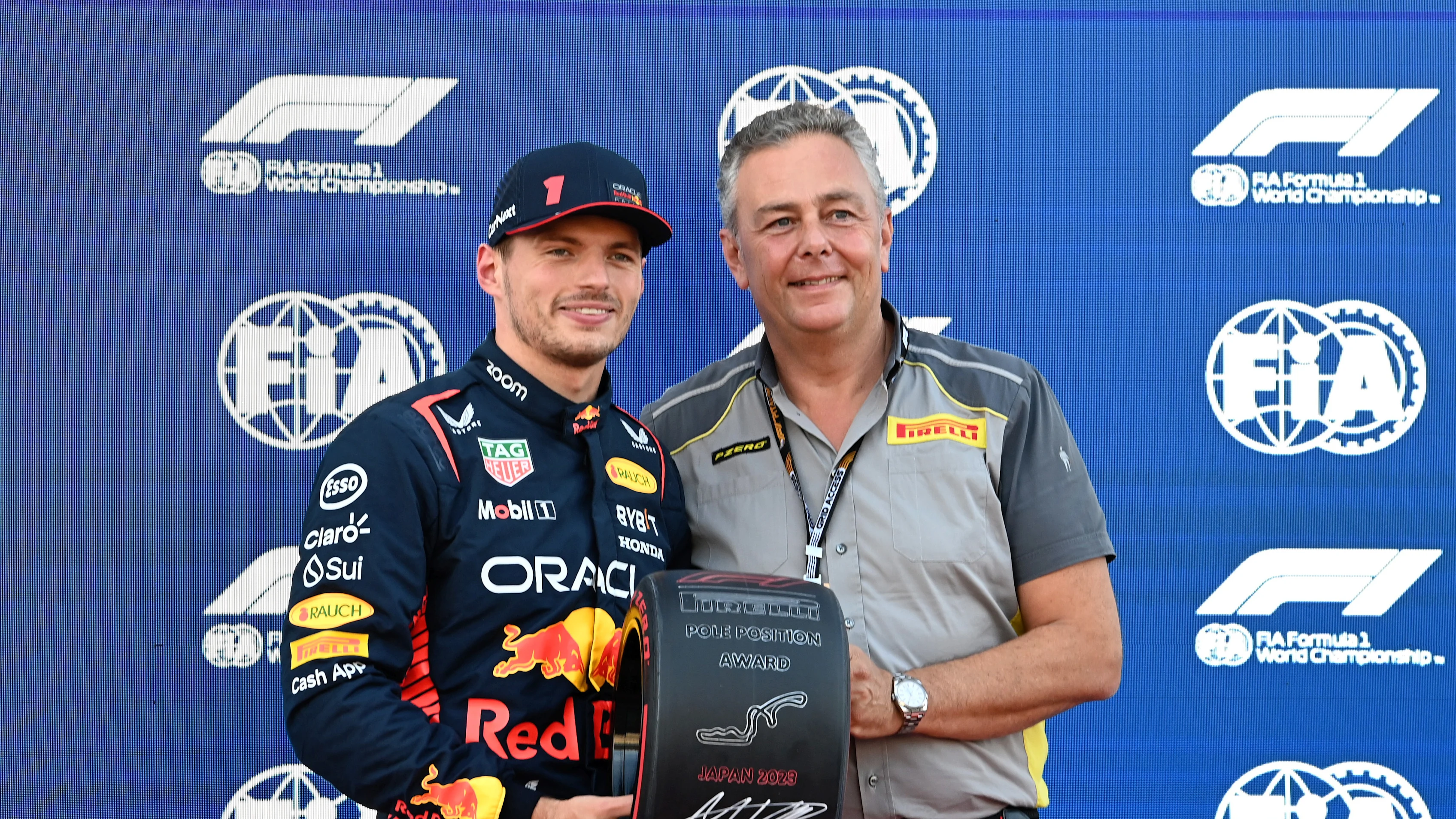SUZUKA, JAPAN - SEPTEMBER 23: Pole man Max Verstappen, Red Bull Racing, receives his Pirelli Pole