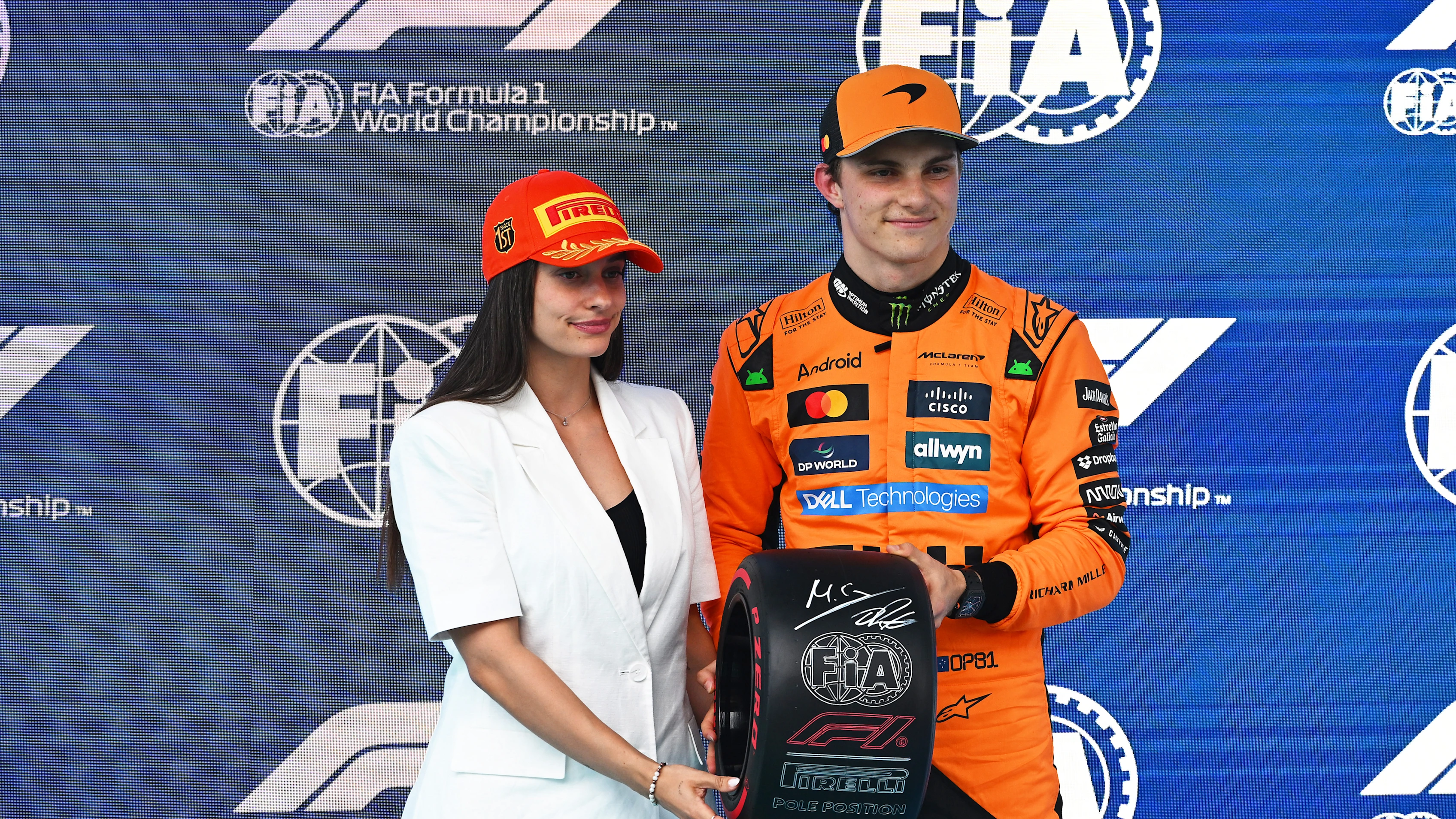 BARCELONA, SPAIN - MAY 31: Marta Garcia presents Pole position qualifier Oscar Piastri of Australia