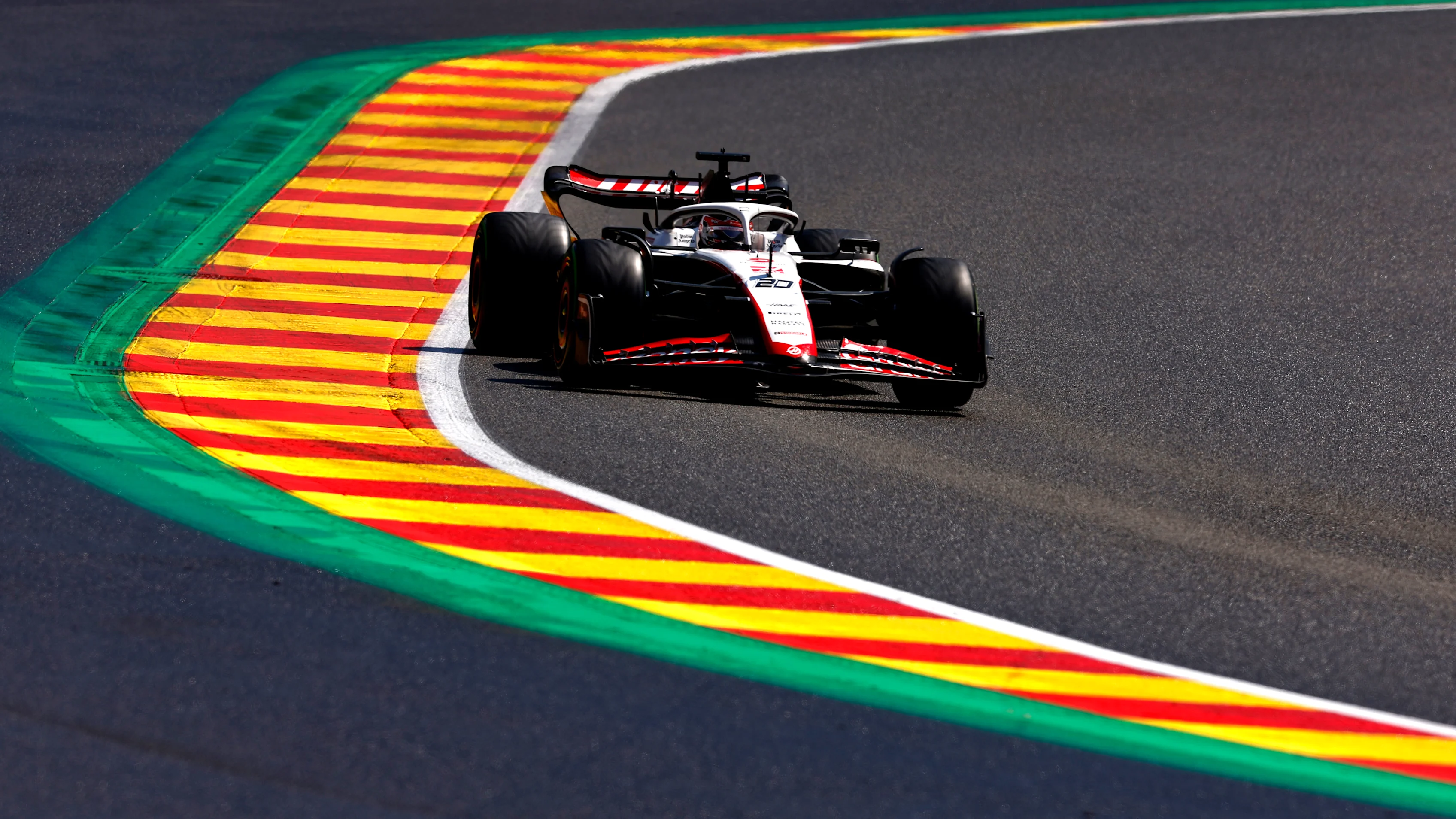 SPA, BELGIUM - JULY 29: Kevin Magnussen of Denmark driving the (20) Haas F1 VF-23 Ferrari on track