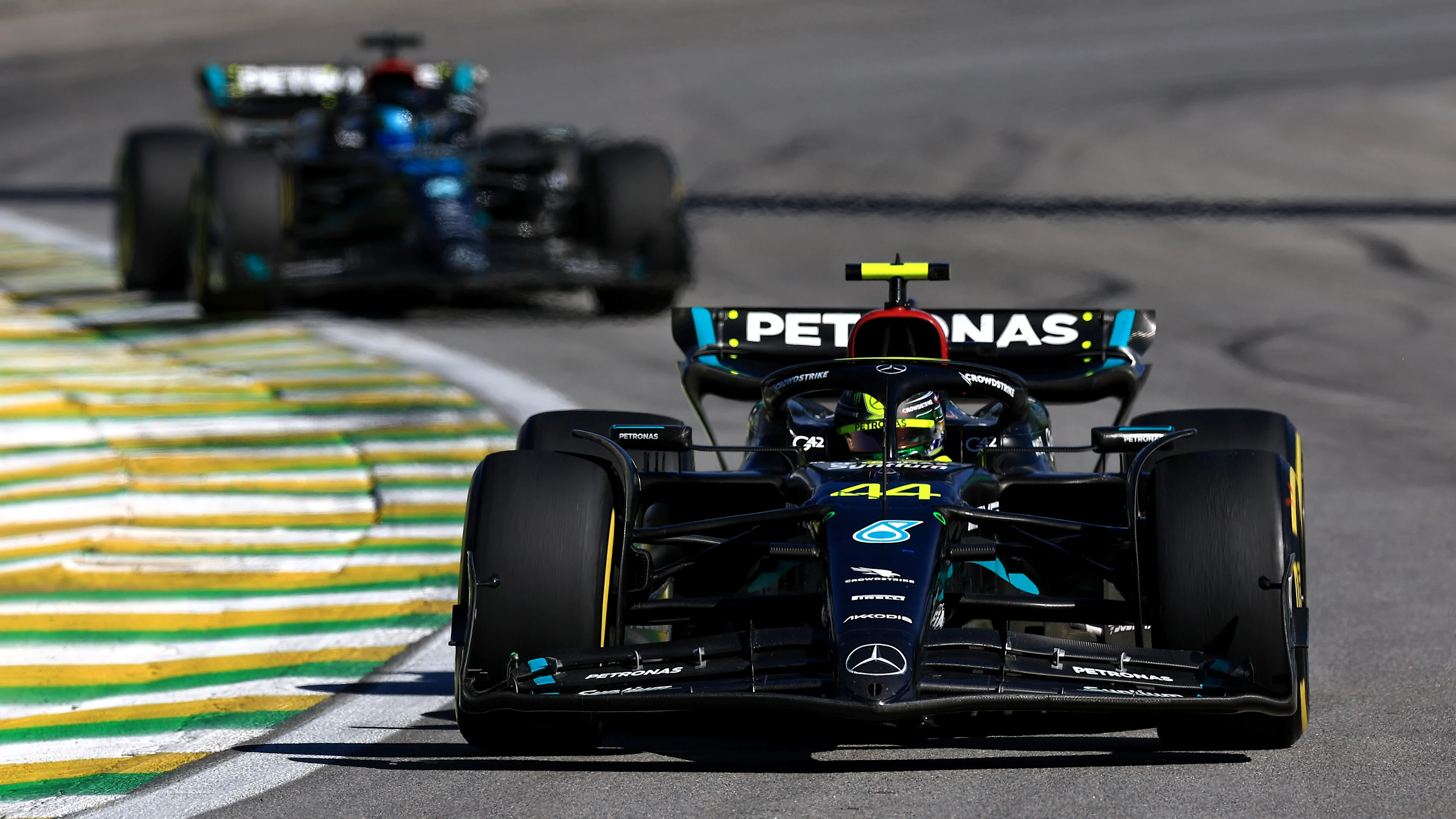 SAO PAULO, BRAZIL - NOVEMBER 05: Lewis Hamilton of Great Britain driving the (44) Mercedes AMG
