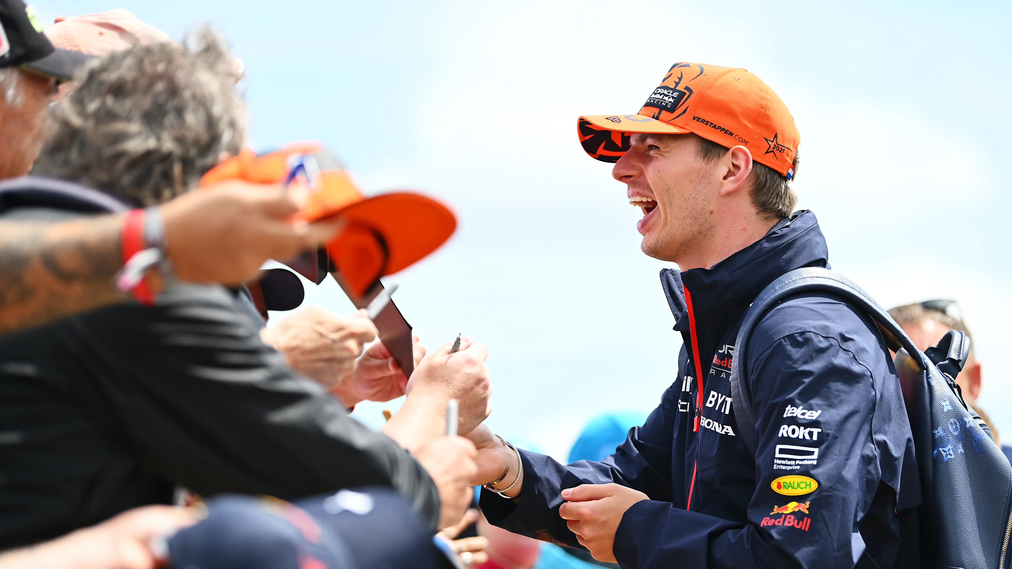 NORTHAMPTON, ENGLAND - JULY 06: Max Verstappen of the Netherlands and Oracle Red Bull Racing greets