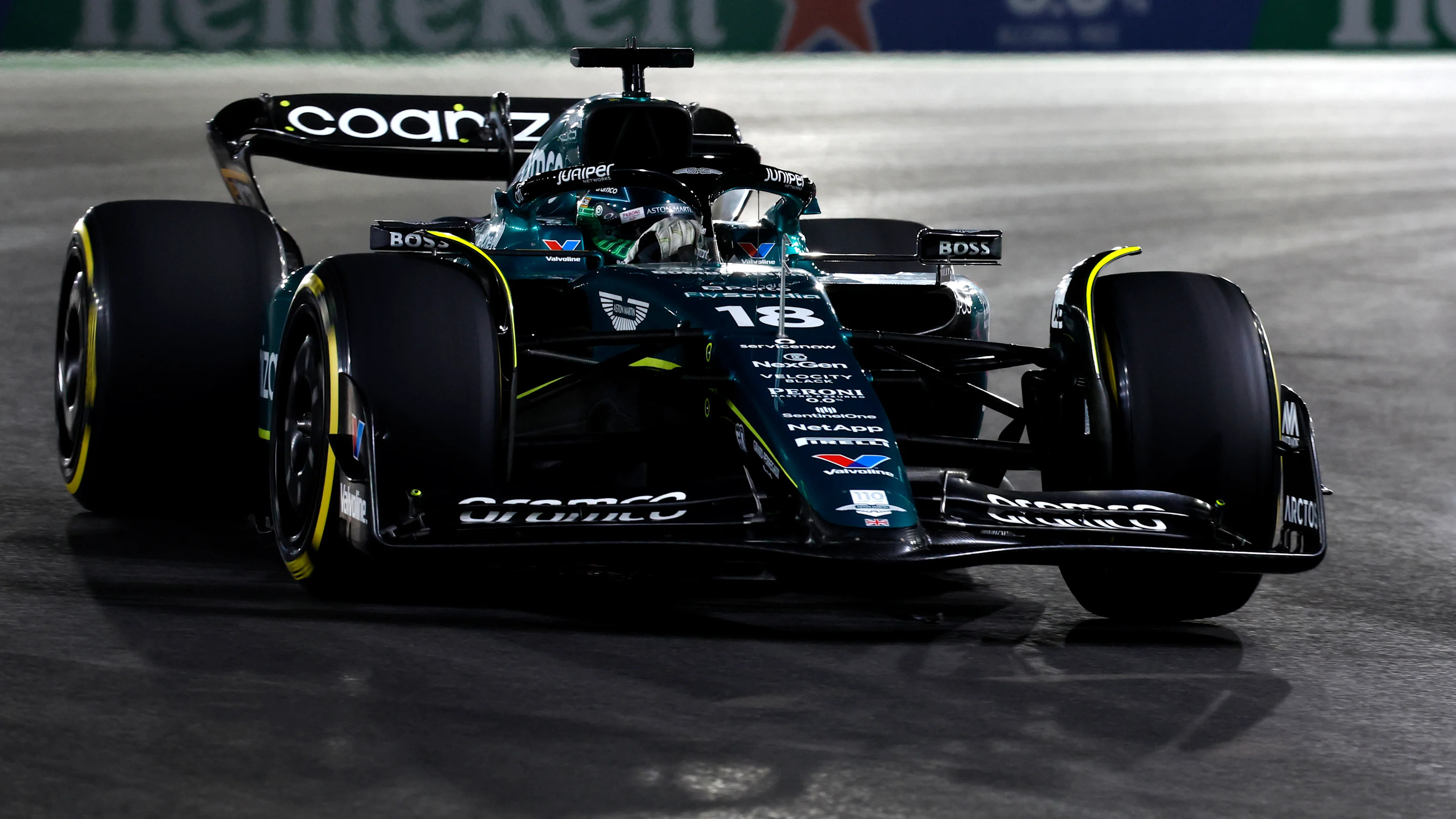 LAS VEGAS, NEVADA - NOVEMBER 17: Lance Stroll of Canada driving the (18) Aston Martin AMR23