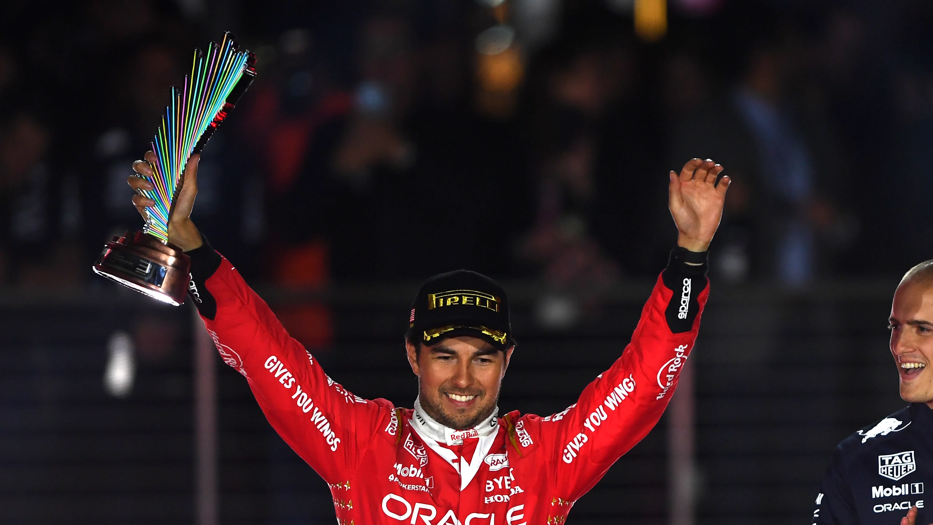 LAS VEGAS, NEVADA - NOVEMBER 18: Second placed Sergio Perez of Mexico and Oracle Red Bull Racing