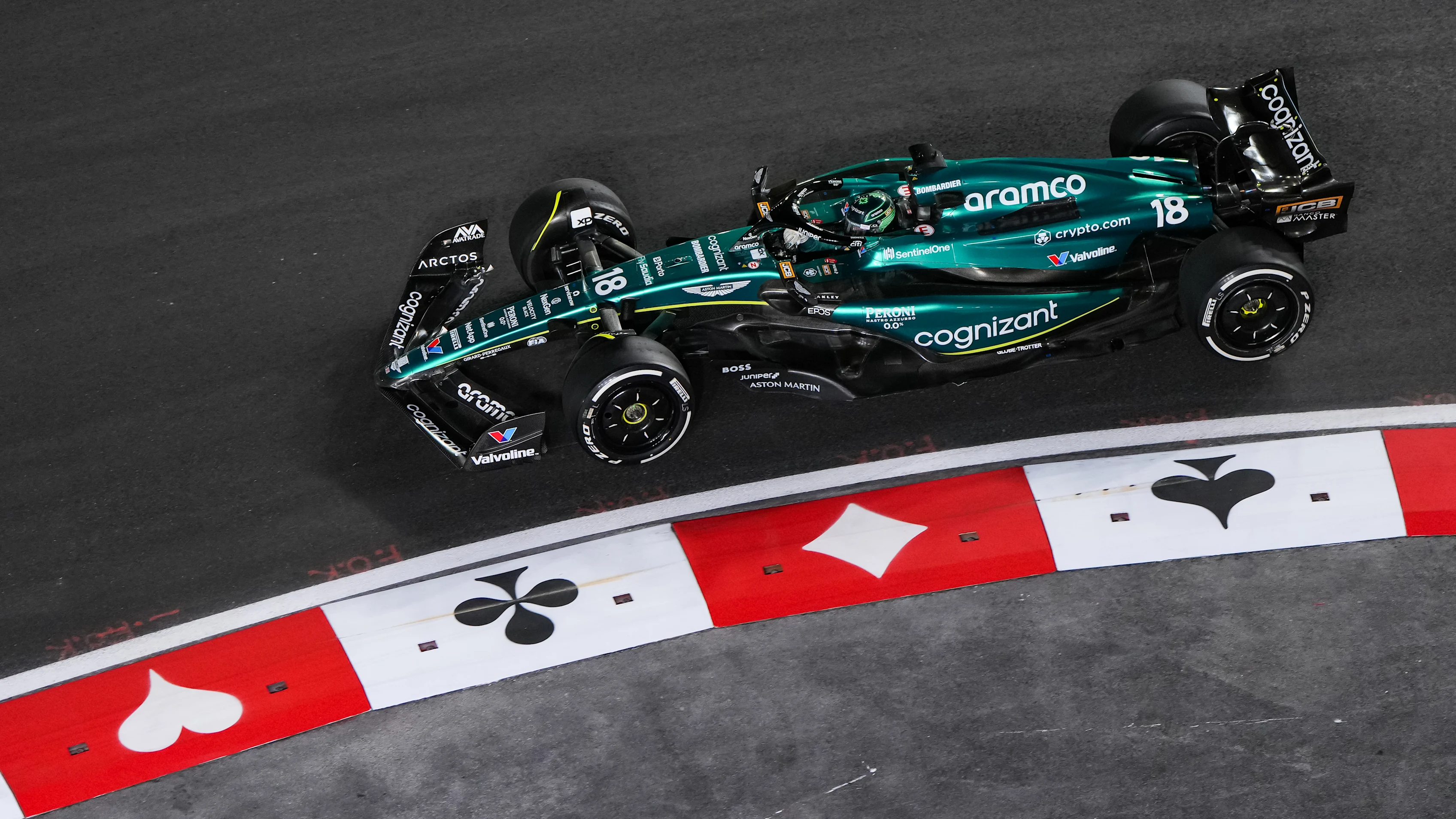 LAS VEGAS, NEVADA - NOVEMBER 18: Lance Stroll of Canada and Aston Martin F1 Team drives on track
