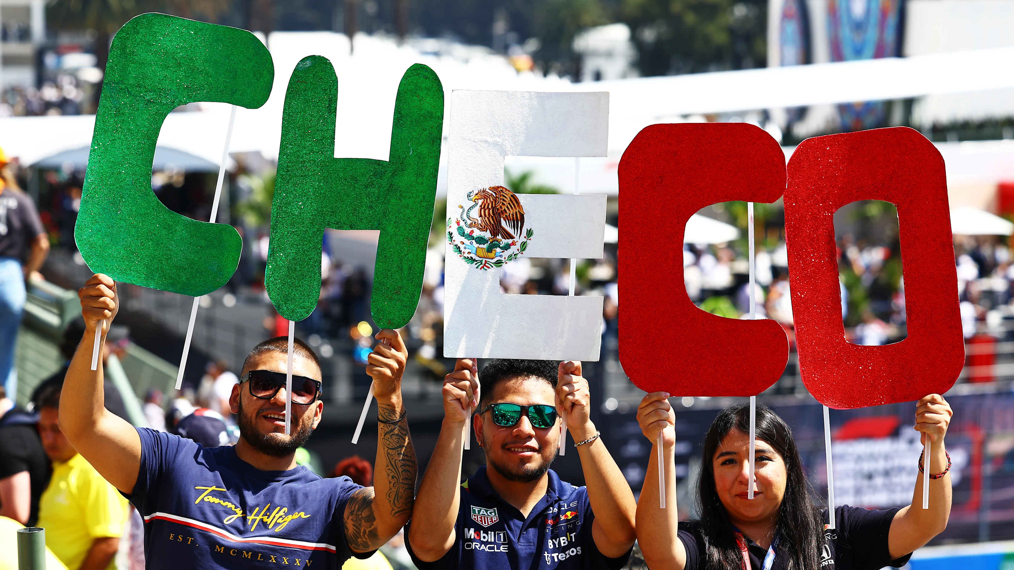 MEXICO CITY, MEXICO - OCTOBER 28: Fans of Sergio Perez of Mexico and Oracle Red Bull Racing show