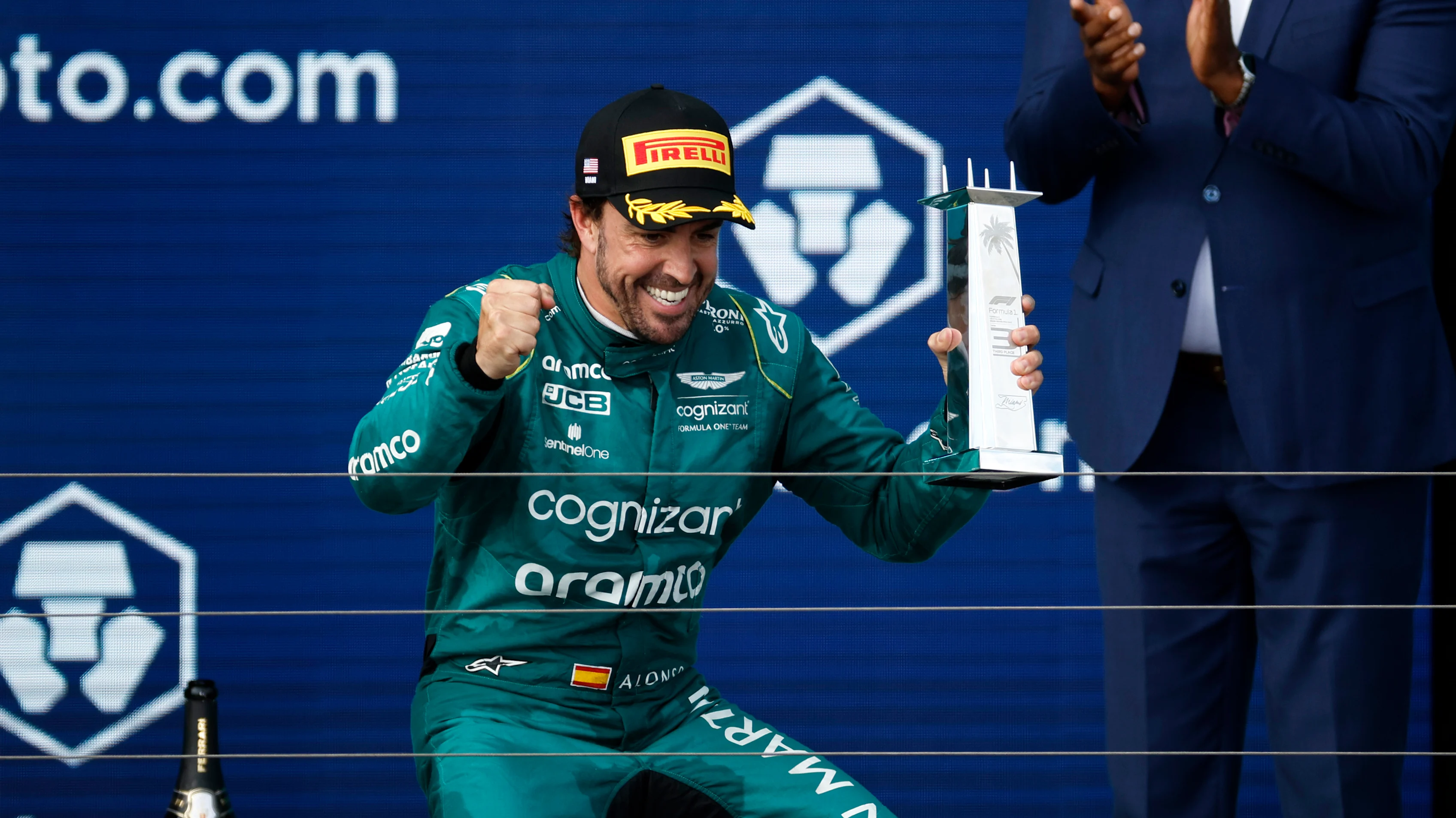 MIAMI, FLORIDA - MAY 07: Third placed Fernando Alonso of Spain and Aston Martin F1 Team celebrates