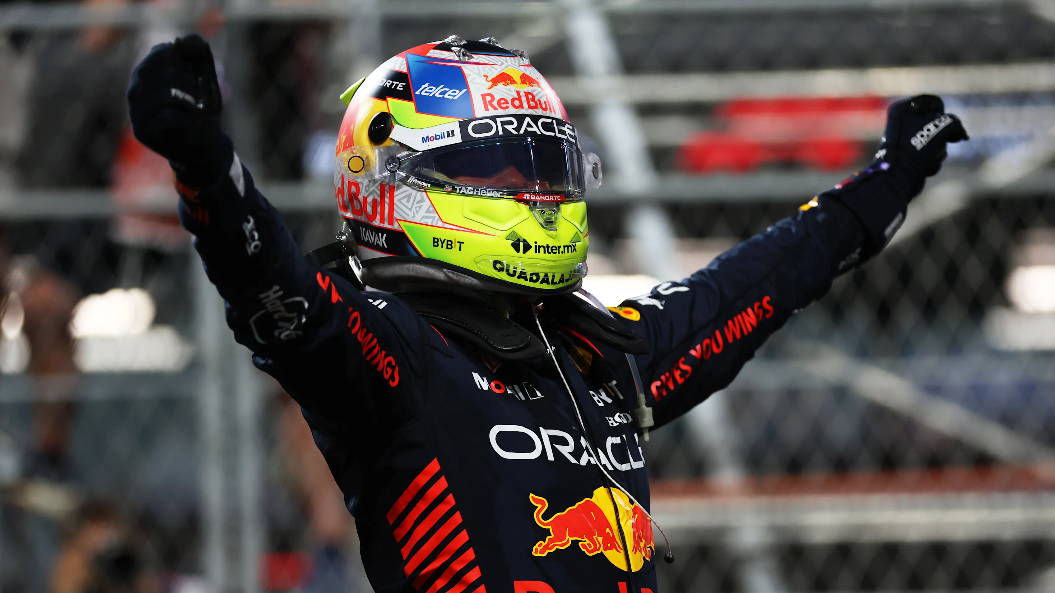 JEDDAH, SAUDI ARABIA - MARCH 19: Race winner Sergio Perez of Mexico and Oracle Red Bull Racing
