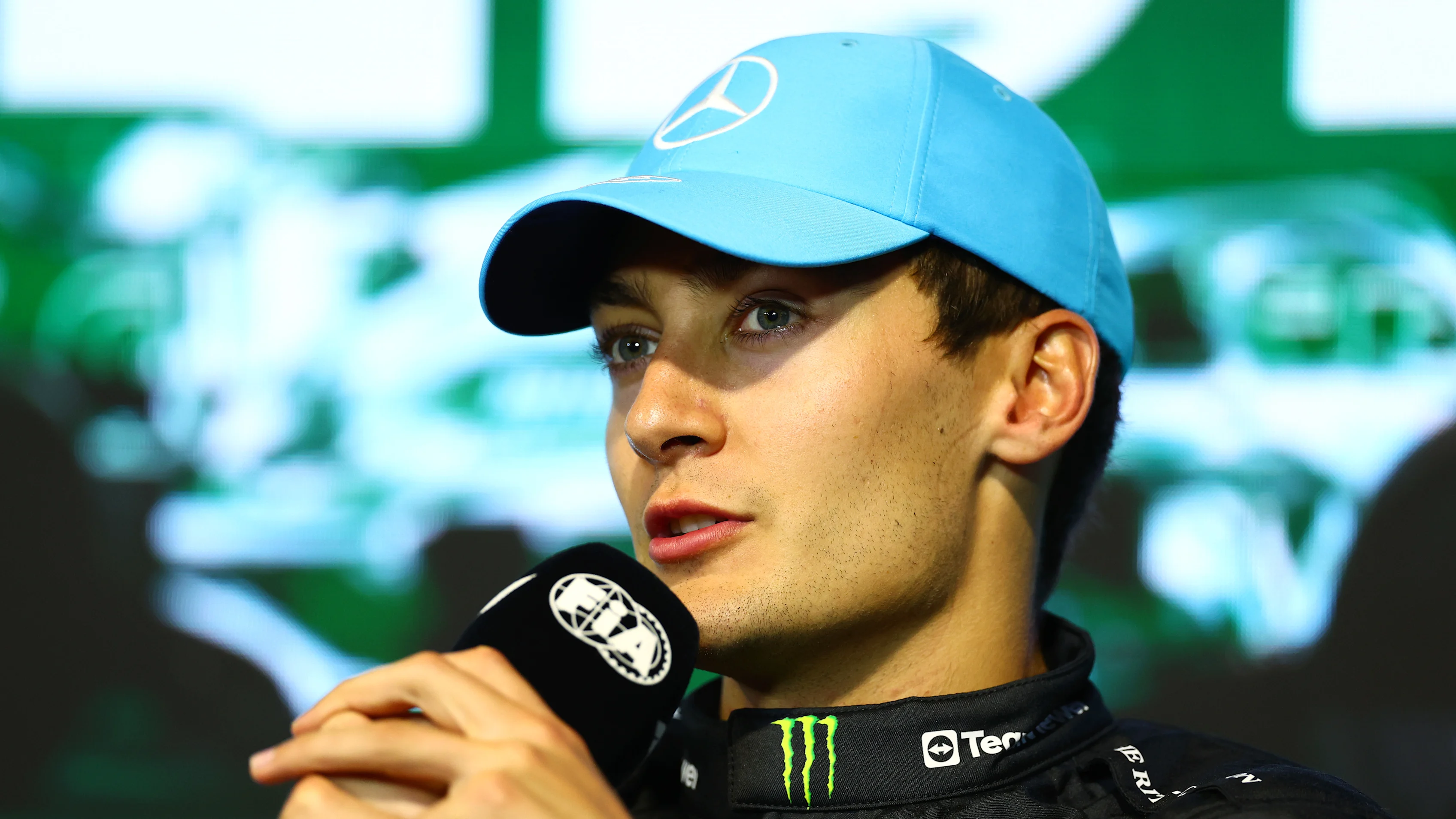 JEDDAH, SAUDI ARABIA - MARCH 19: Third placed George Russell of Great Britain and Mercedes attends