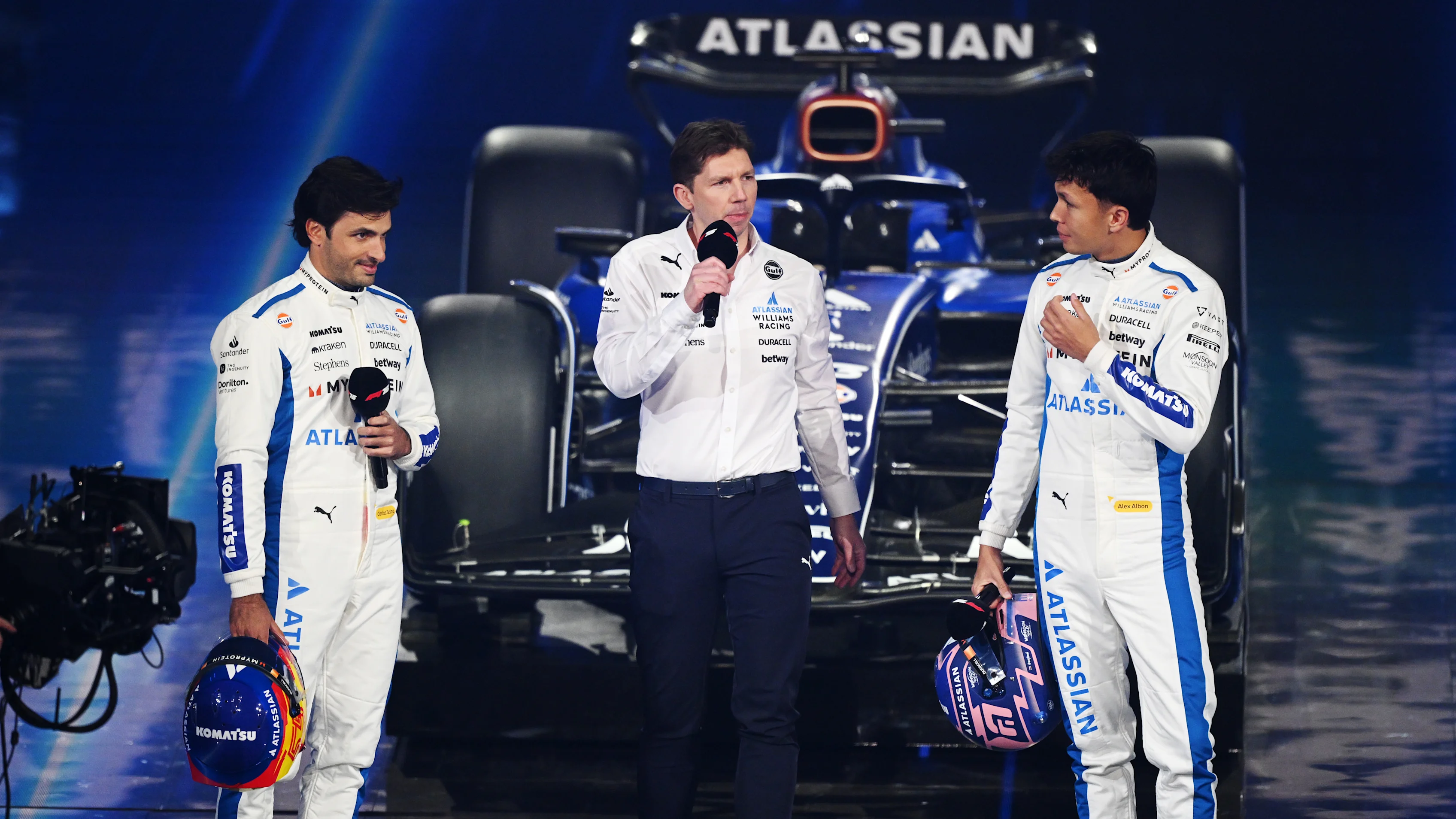LONDON, ENGLAND - FEBRUARY 18: Carlos Sainz of Spain and Williams with James Vowles, Team Principal
