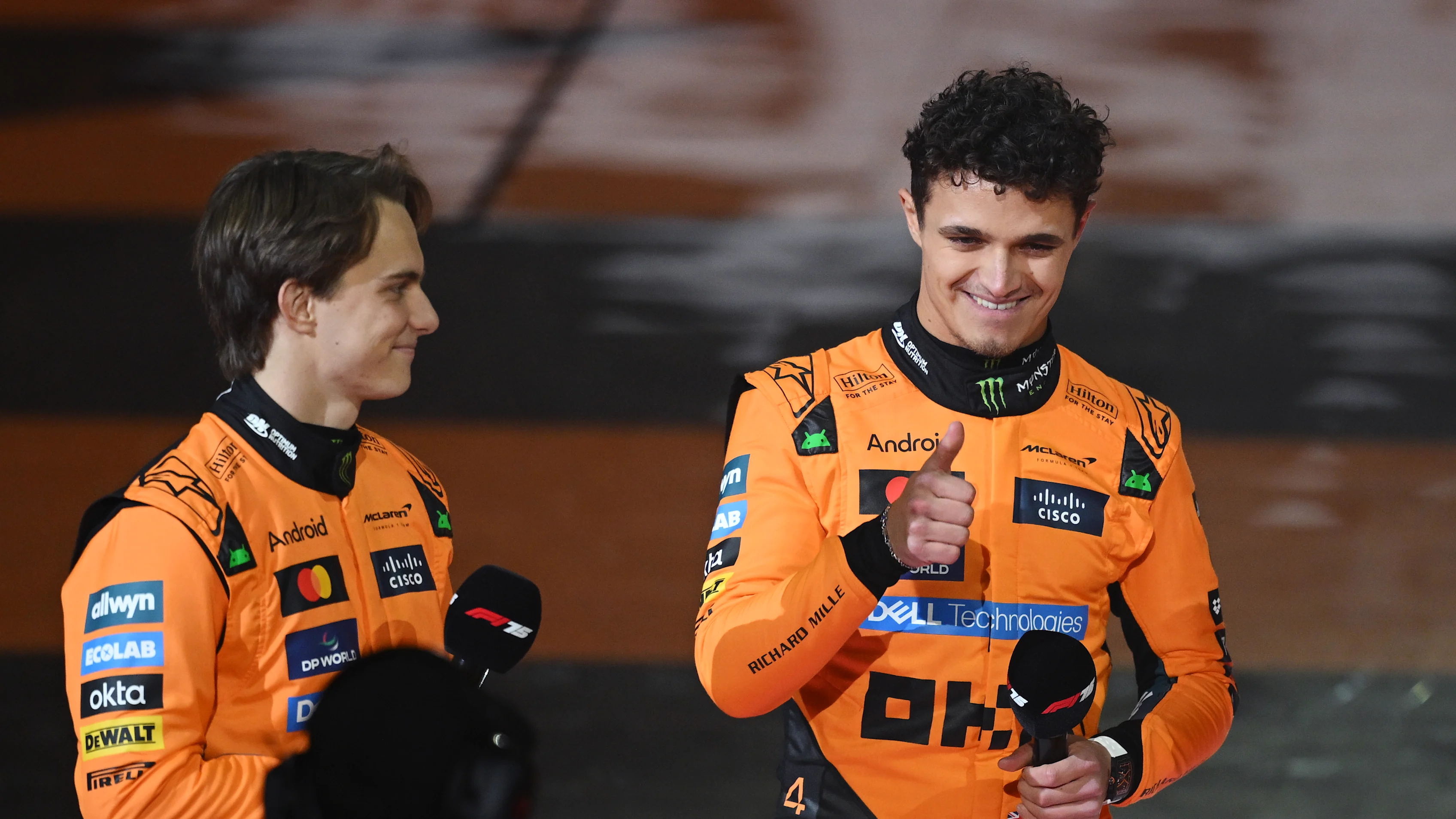 LONDON, ENGLAND - FEBRUARY 18: Lando Norris of Great Britain and McLaren gives a thumbs up as Oscar