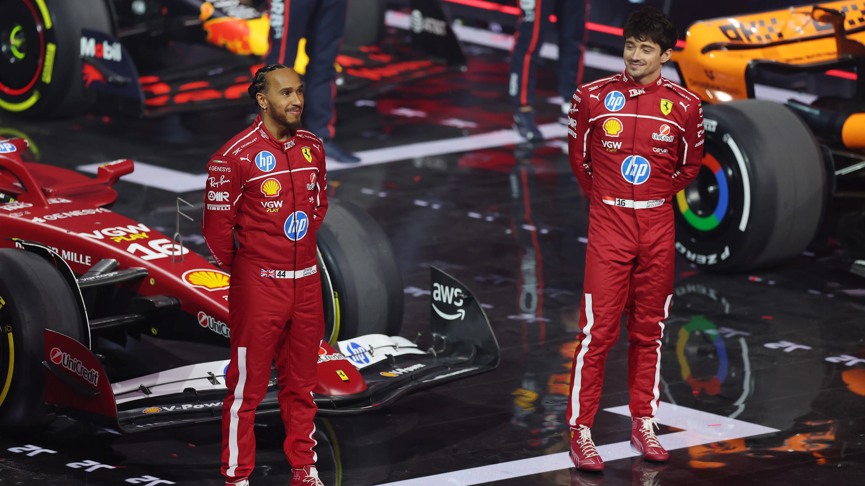 LONDON, ENGLAND - FEBRUARY 18: Lewis Hamilton of Great Britain and Scuderia Ferrari and Charles