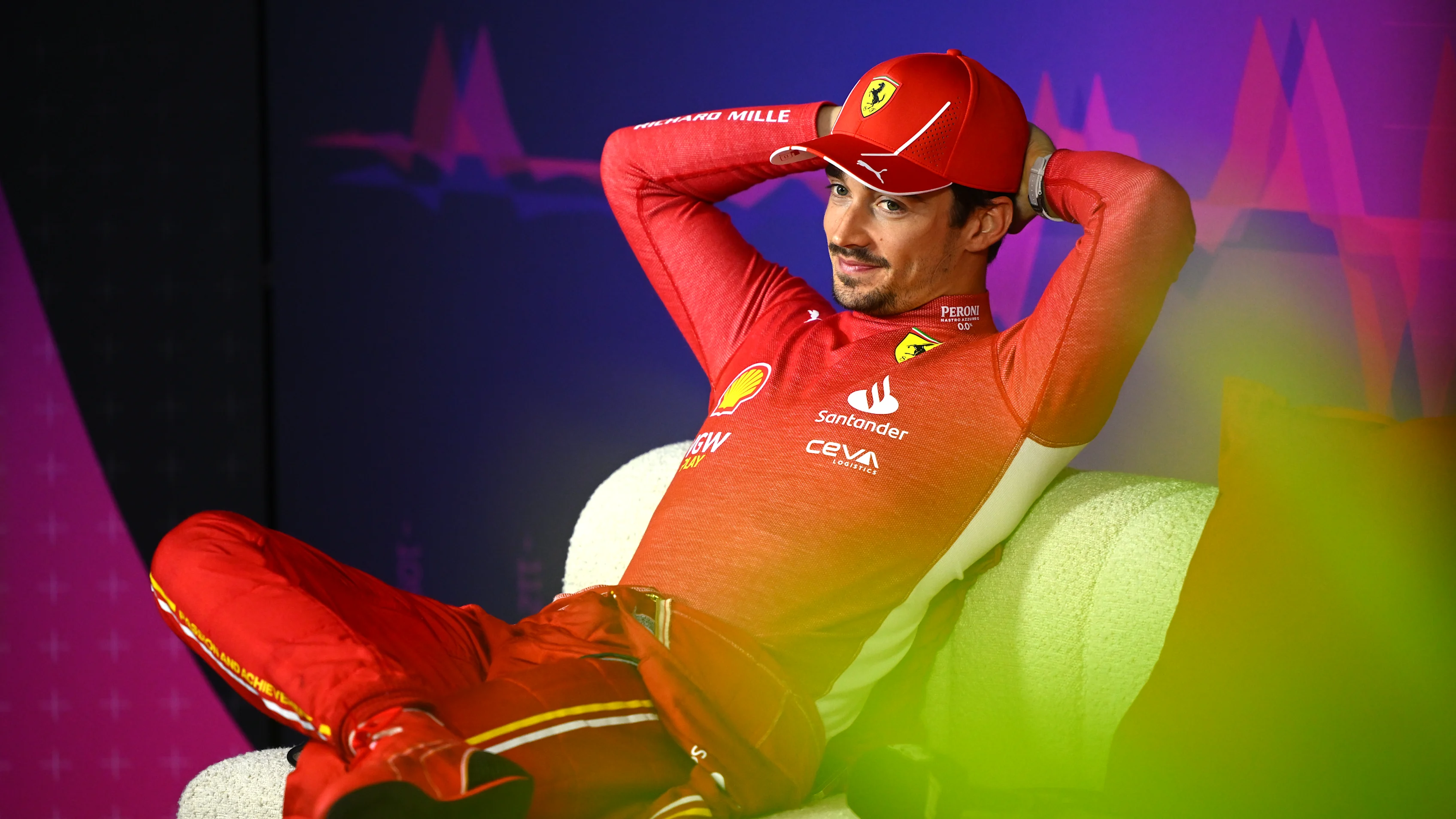 MELBOURNE, AUSTRALIA - MARCH 24: Second placed Charles Leclerc of Monaco and Ferrari attends the