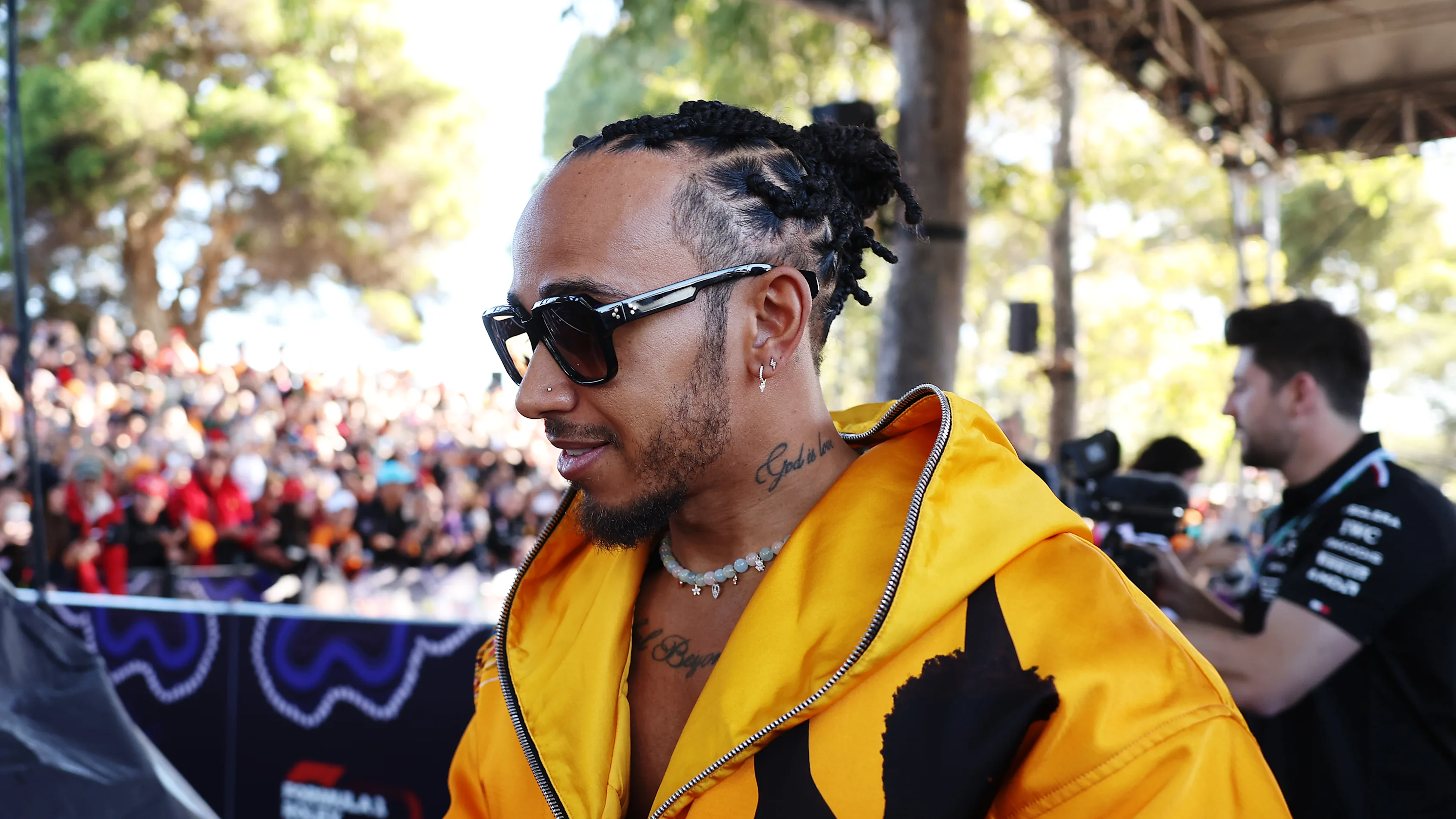 MELBOURNE, AUSTRALIA - MARCH 21: Lewis Hamilton of Great Britain and Mercedes arrives in the