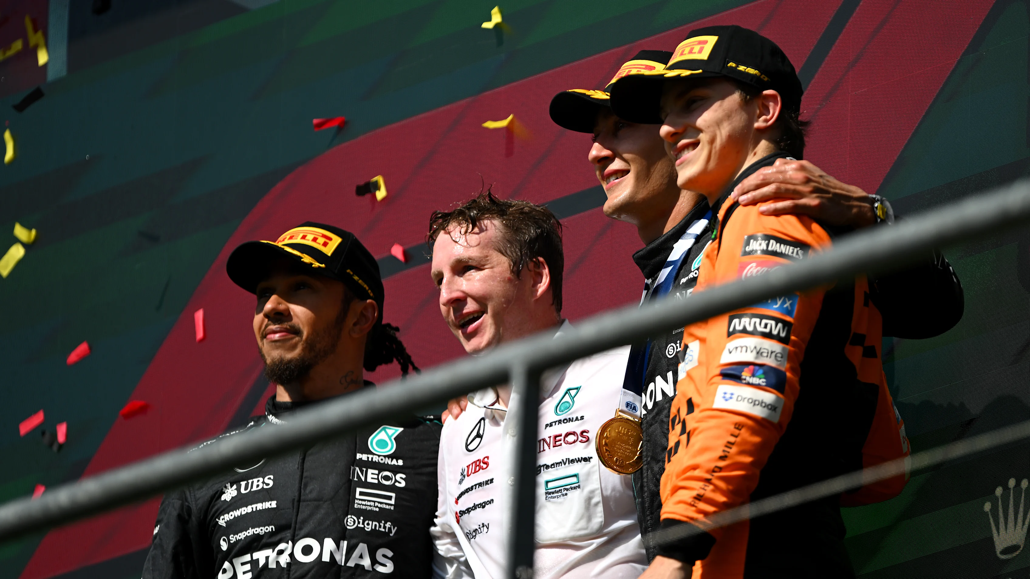 SPA, BELGIUM - JULY 28: Race winner George Russell of Great Britain and Mercedes (2R), Second