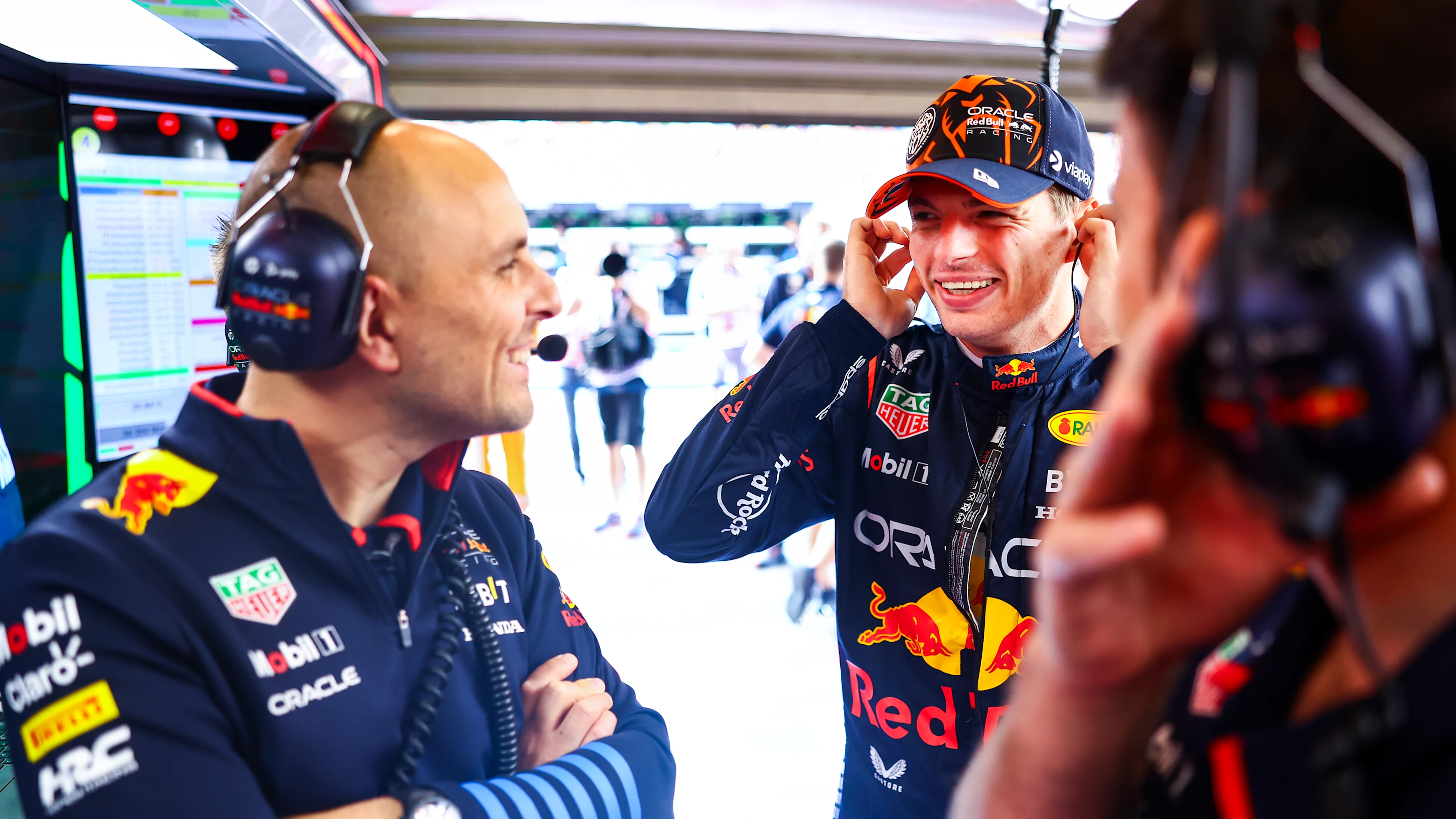 SPA, BELGIUM - JULY 26: Max Verstappen of the Netherlands and Oracle Red Bull Racing talks with