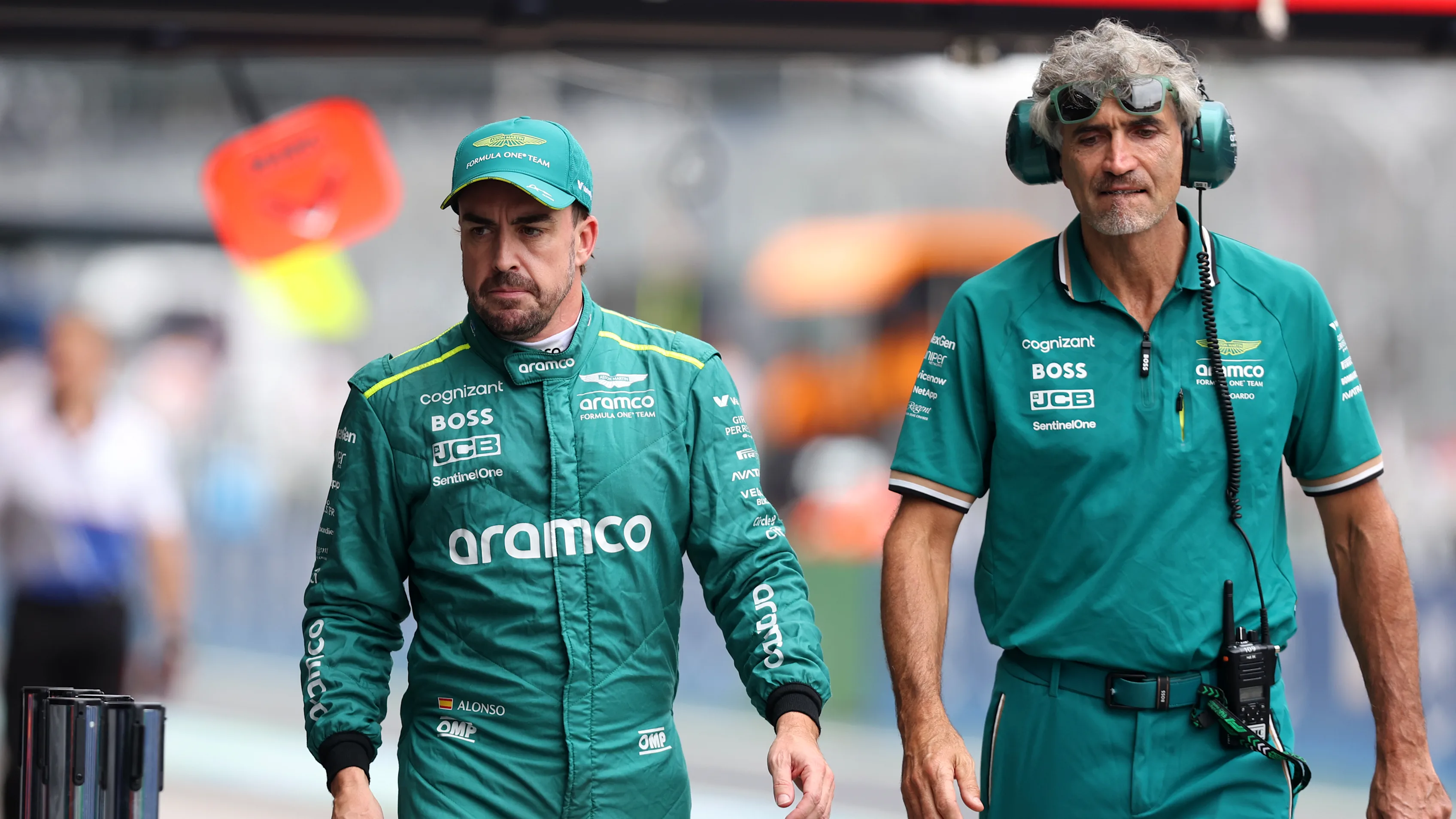 SAO PAULO, BRAZIL - NOVEMBER 01: 16th placed qualifier Fernando Alonso of Spain and Aston Martin F1