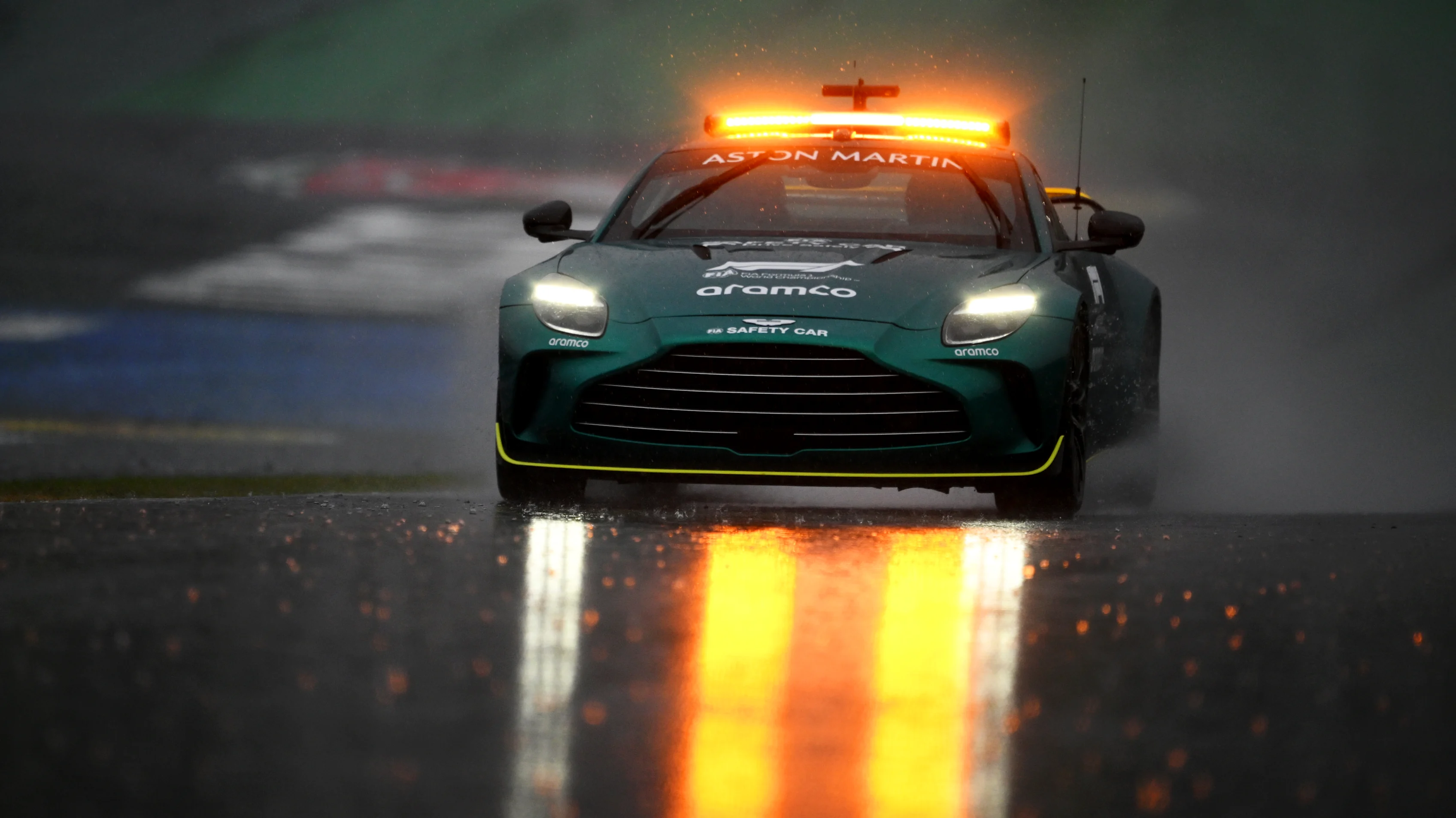 SAO PAULO, BRAZIL - NOVEMBER 02: The FIA Safety Car performs a track inspection of the wet track