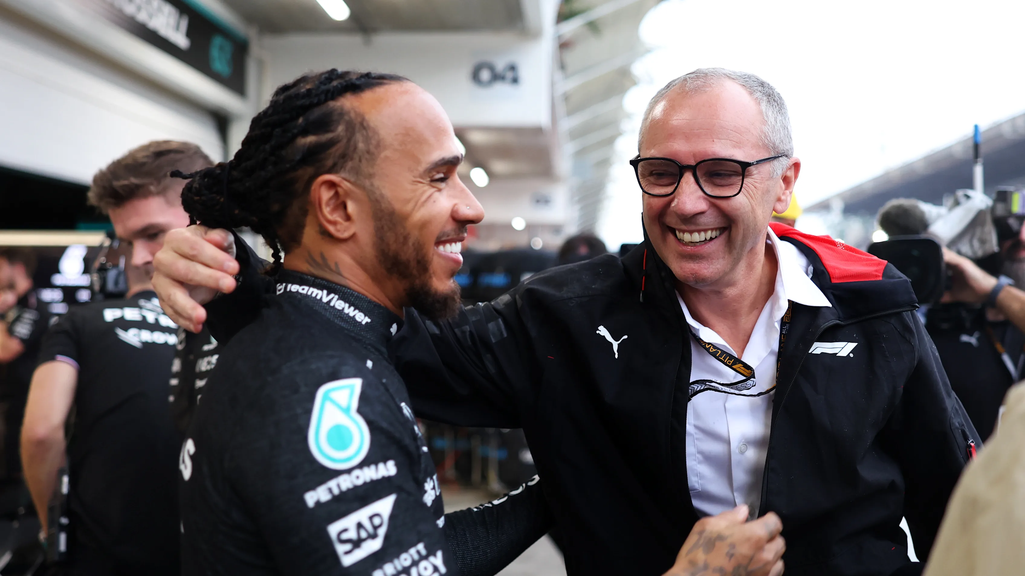SAO PAULO, BRAZIL - NOVEMBER 02: Lewis Hamilton of Great Britain and Mercedes talks with Stefano