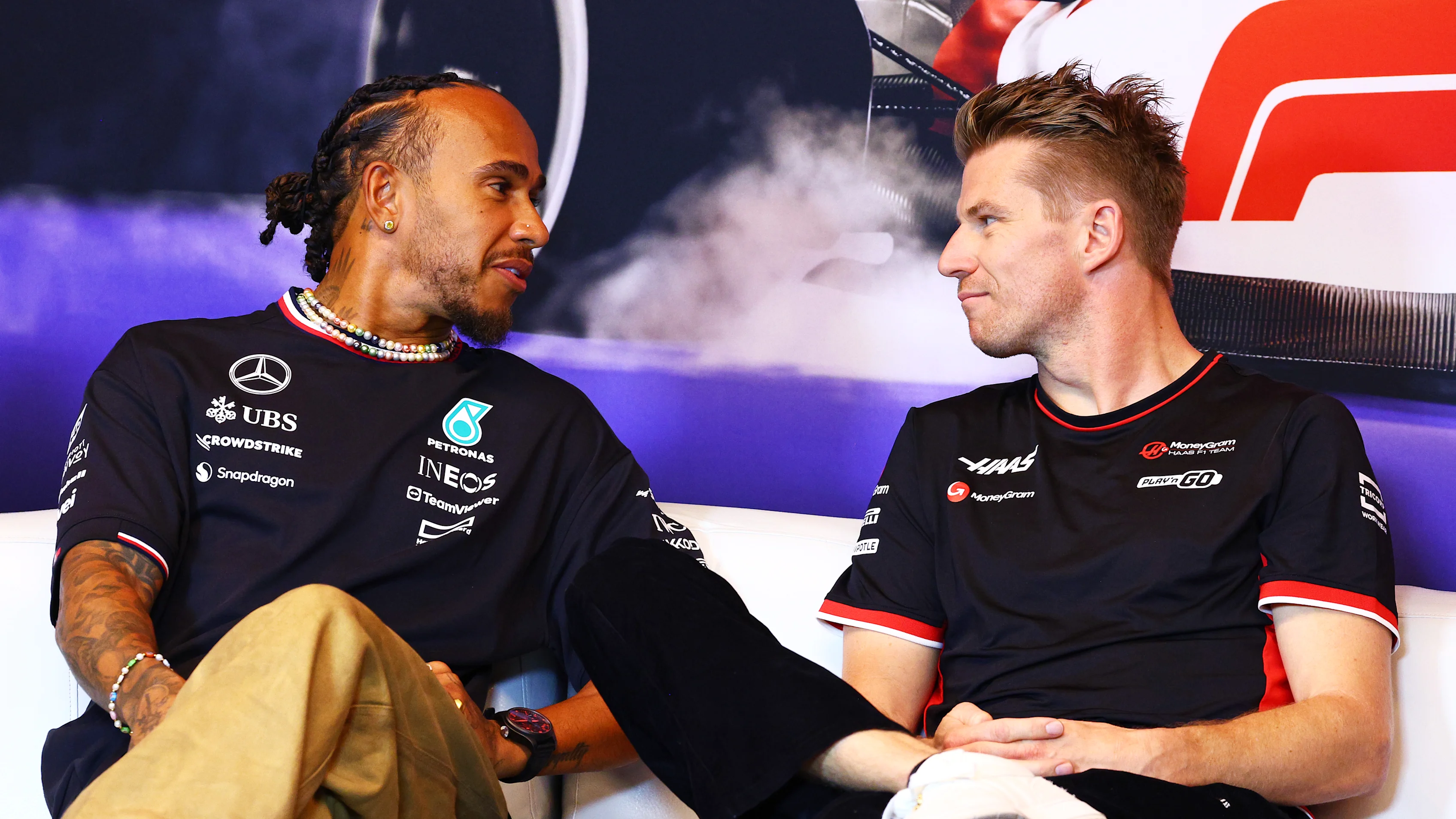 MONTREAL, QUEBEC - JUNE 06: Lewis Hamilton of Great Britain and Mercedes and Nico Hulkenberg of