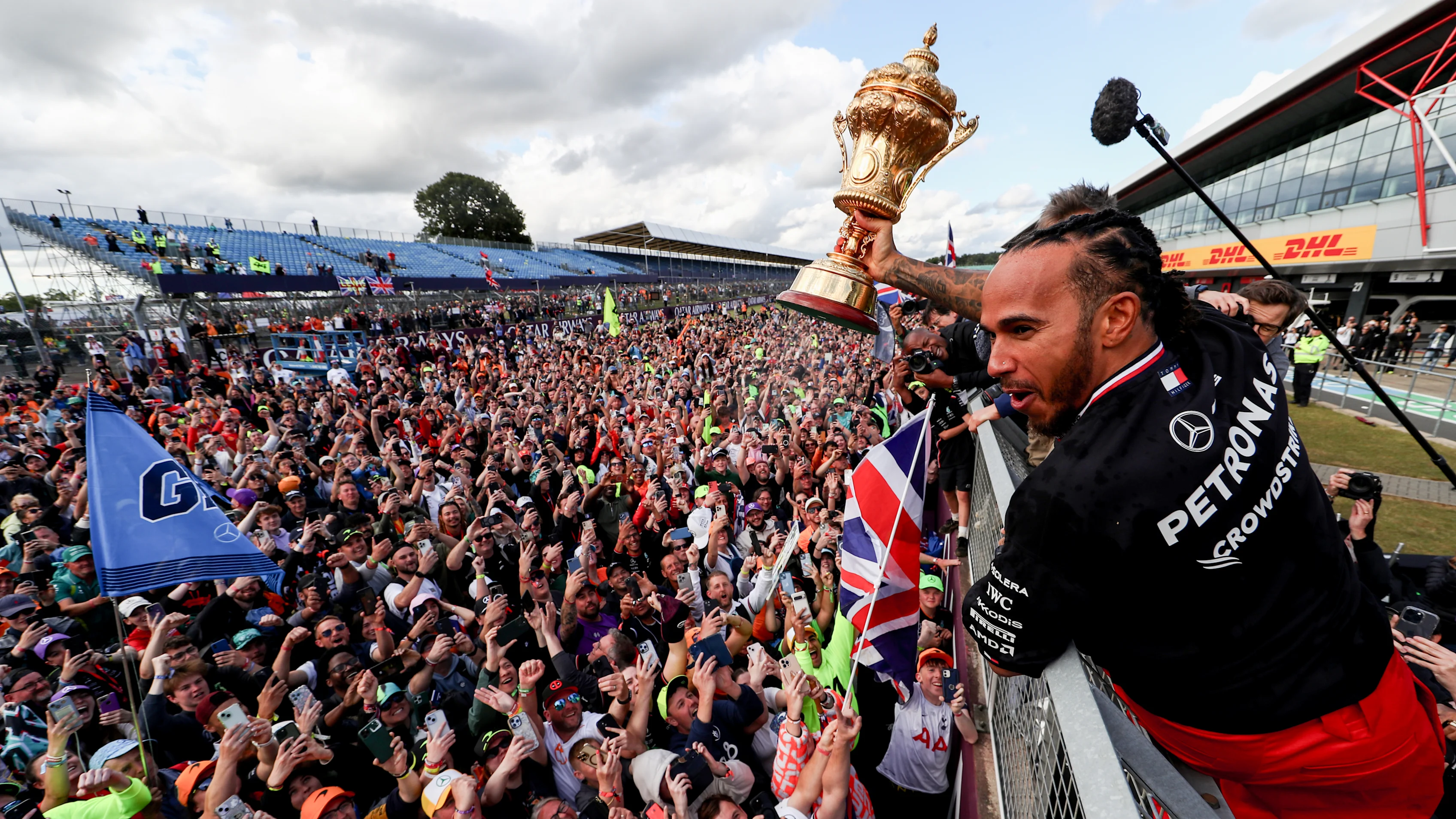 NORTHAMPTON, ENGLAND - JULY 07: Lewis Hamilton of Mercedes and Great Britain celebrates finishing in first during the F1 Grand Prix of Great Britain at Silverstone Circuit on July 07, 2024 in Northampton, England. (Photo by Peter Fox - Formula 1/Formula 1 via Getty Images)