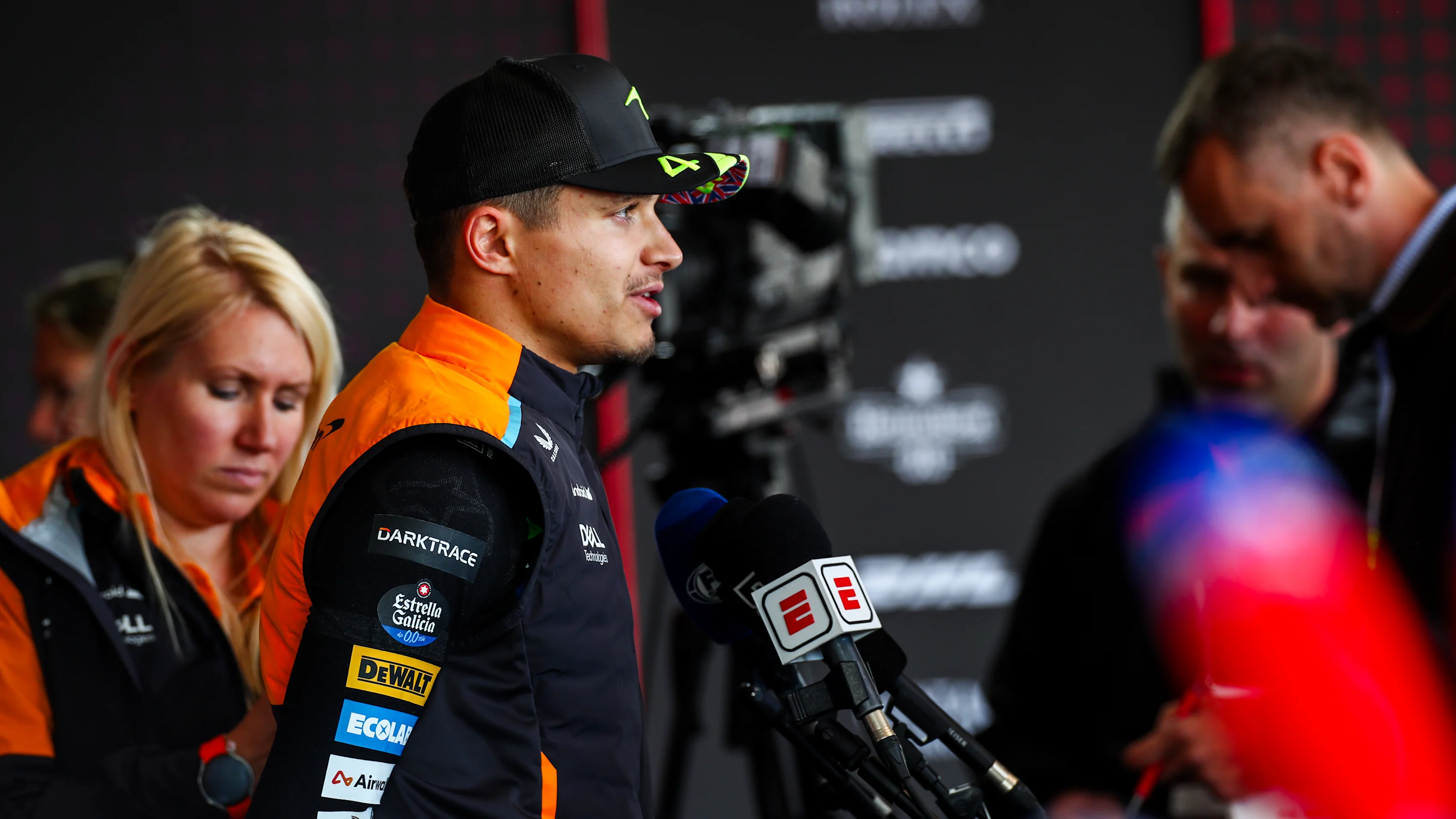 NORTHAMPTON, ENGLAND - JULY 07: Lando Norris of McLaren and Great Britain talks to the press during the F1 Grand Prix of Great Britain at Silverstone Circuit on July 07, 2024 in Northampton, England. (Photo by Peter Fox - Formula 1/Formula 1 via Getty Images)