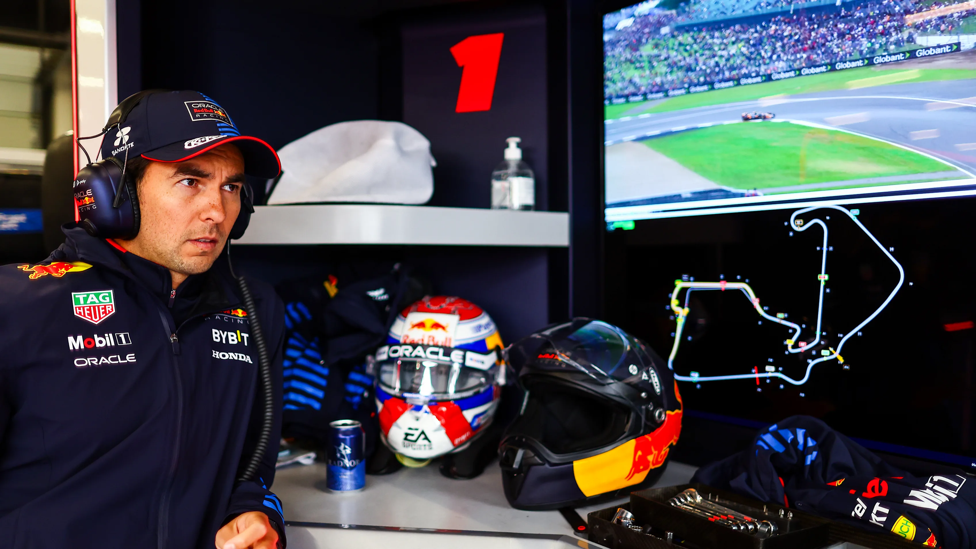 NORTHAMPTON, ENGLAND - JULY 05: Sergio Perez of Mexico and Oracle Red Bull Racing looks on in the