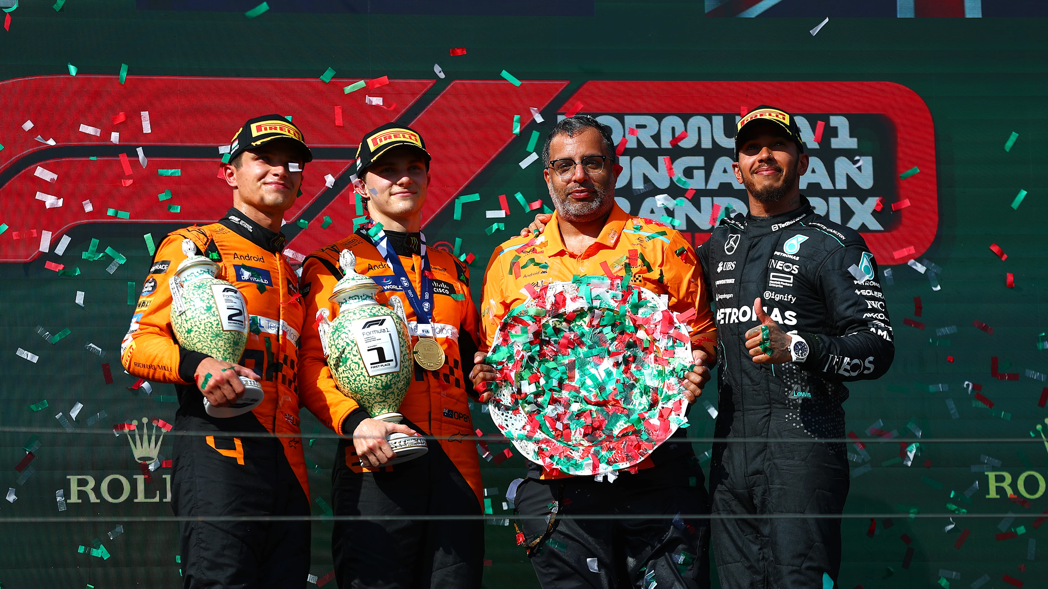 BUDAPEST, HUNGARY - JULY 21: Race winner Oscar Piastri of Australia and McLaren, Second placed