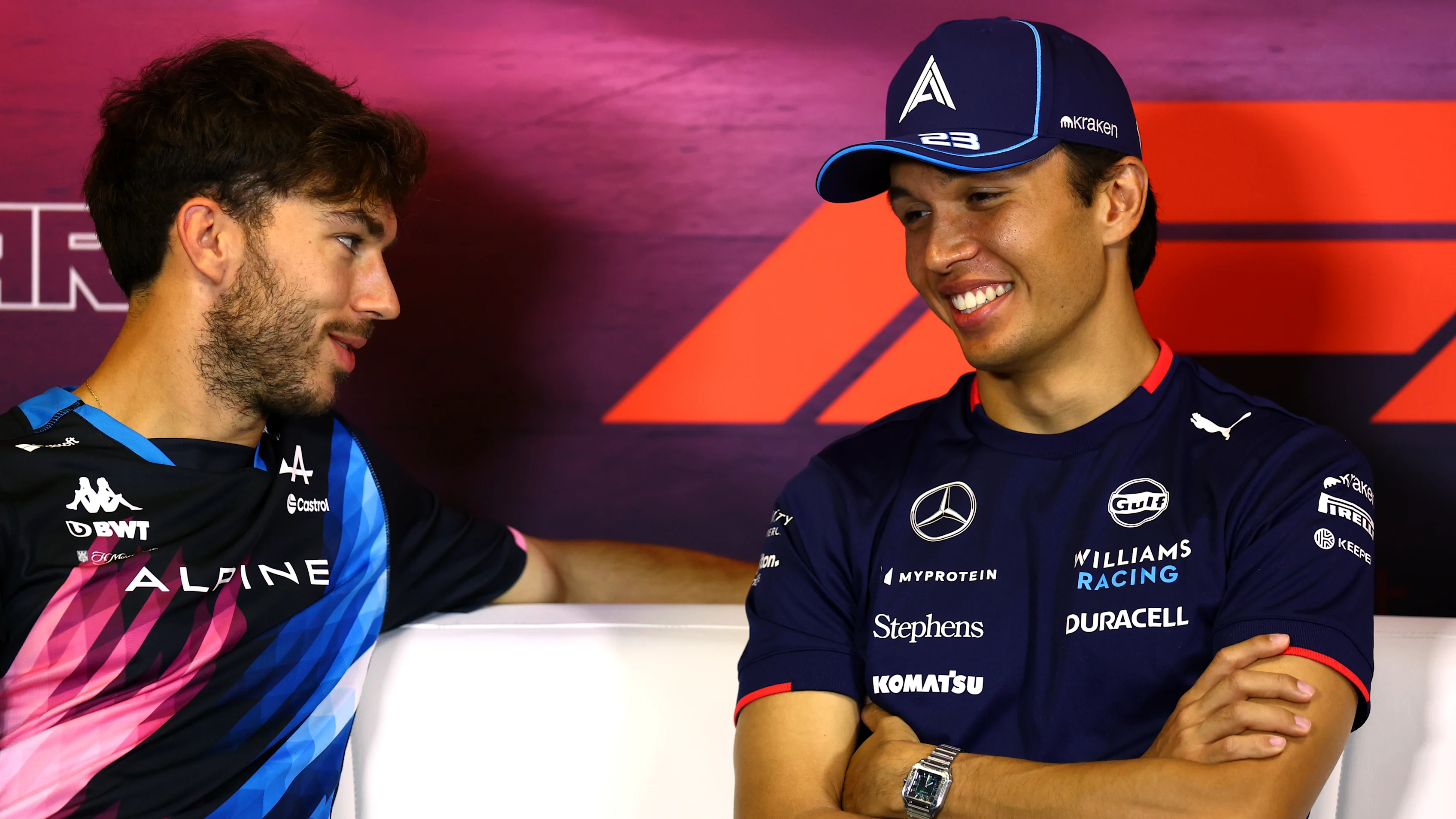 BUDAPEST, HUNGARY - JULY 18: Pierre Gasly of France and Alpine F1 and Alexander Albon of Thailand