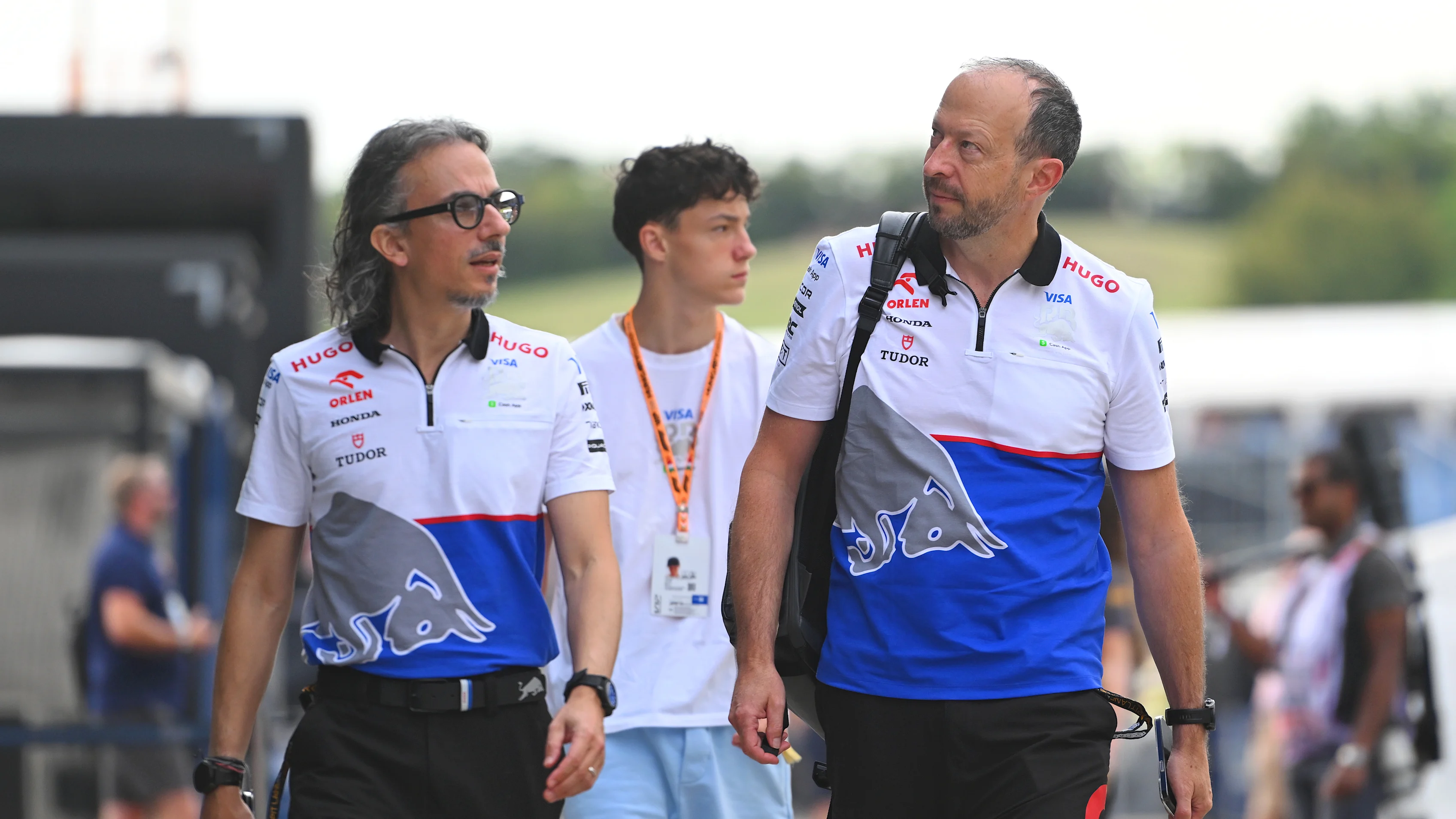 BUDAPEST, HUNGARY - JULY 20: Laurent Mekies, Team Principal of Visa Cash App RB and Peter Bayer,