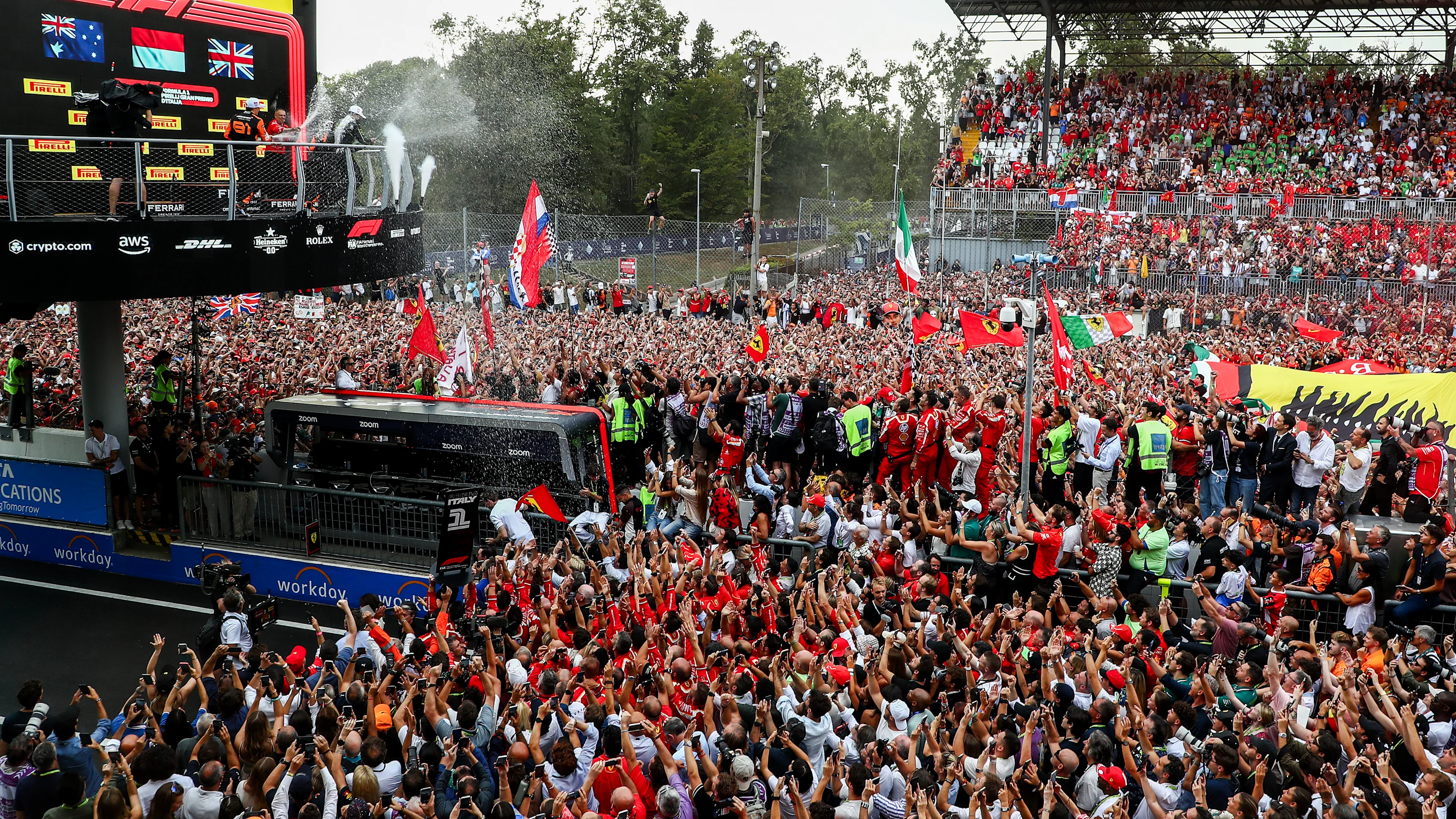 MONZA, ITALY - SEPTEMBER 01: Charles Leclerc of Ferrari and Monaco celebrates winning in first