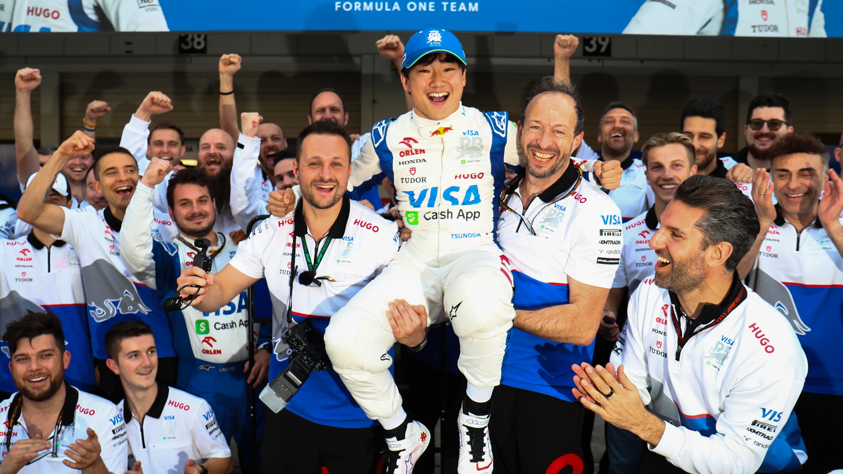 SUZUKA, JAPAN - APRIL 07: Yuki Tsunoda of Scuderia Visa Cash App RB celebrates finishing in 10th