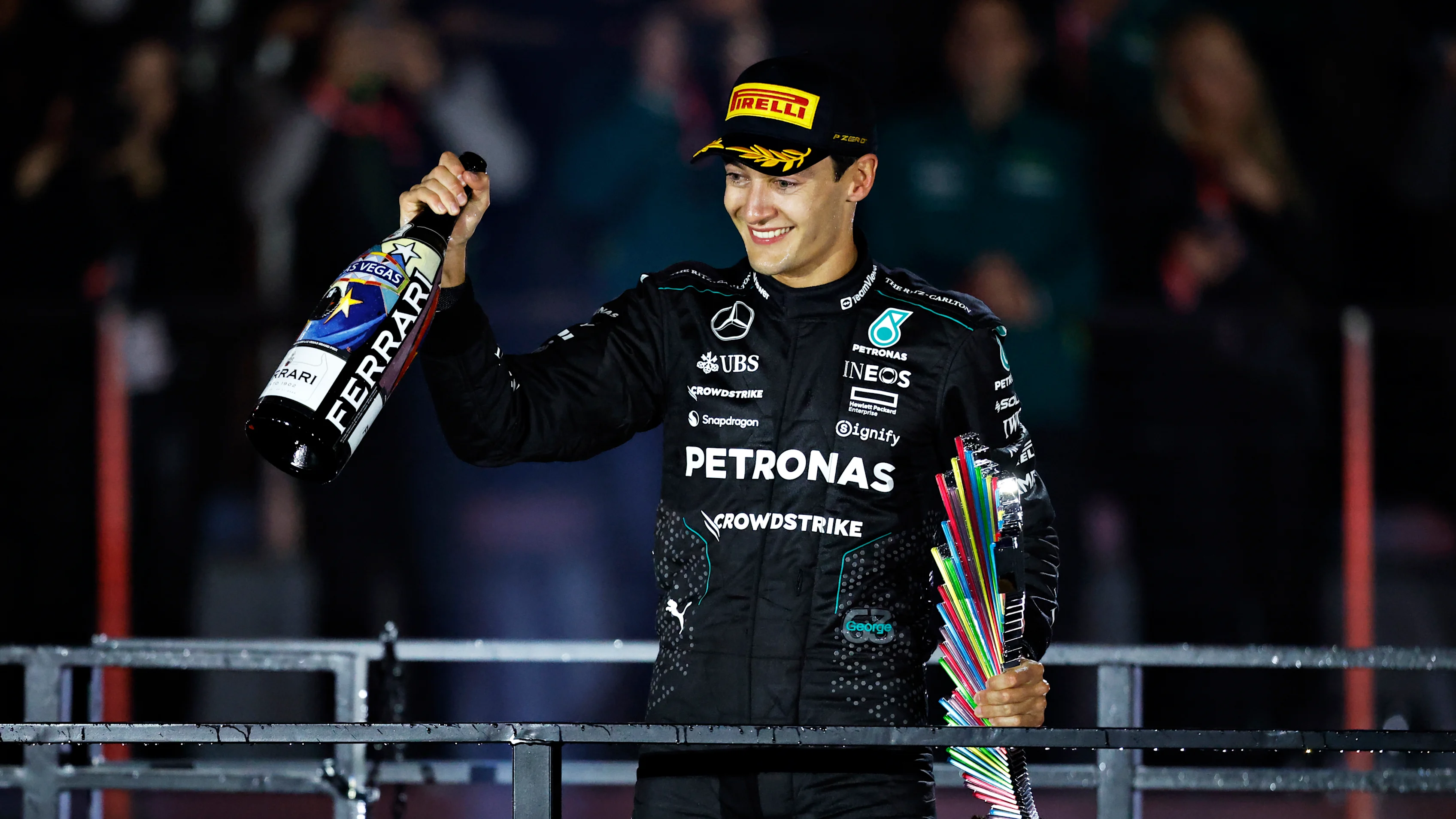 LAS VEGAS, NEVADA - NOVEMBER 23: Race winner George Russell of Great Britain and Mercedes