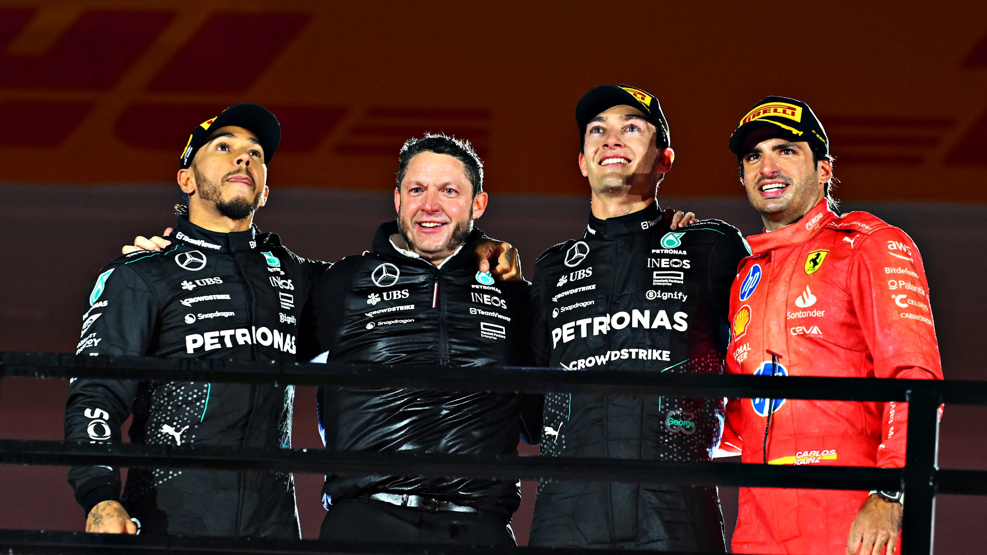 LAS VEGAS, NEVADA - NOVEMBER 23: Race winner George Russell of Great Britain and Mercedes, Second