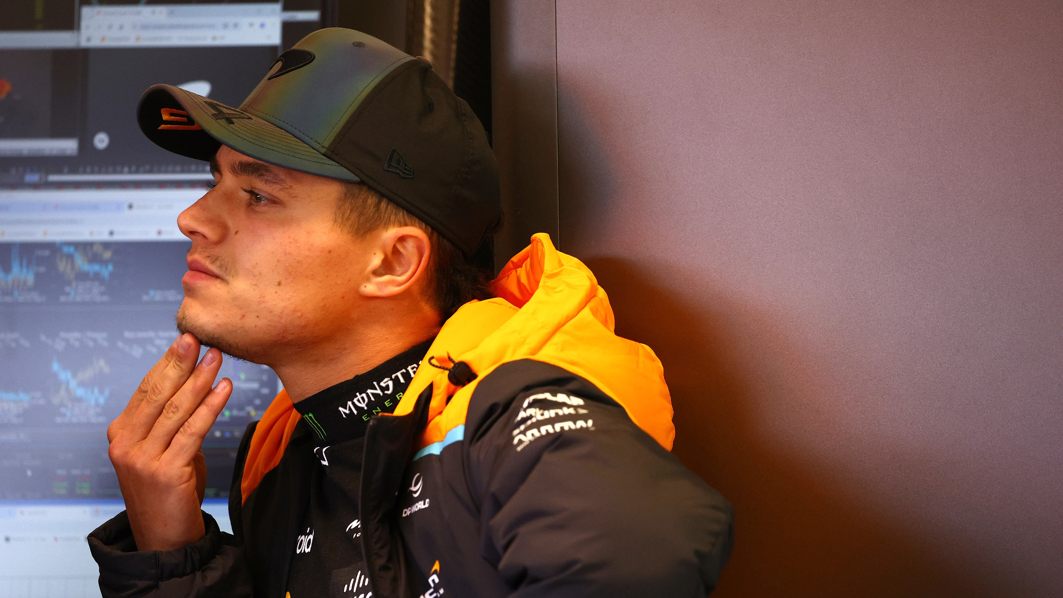 LAS VEGAS, NEVADA - NOVEMBER 21: Lando Norris of Great Britain and McLaren looks on in the garage